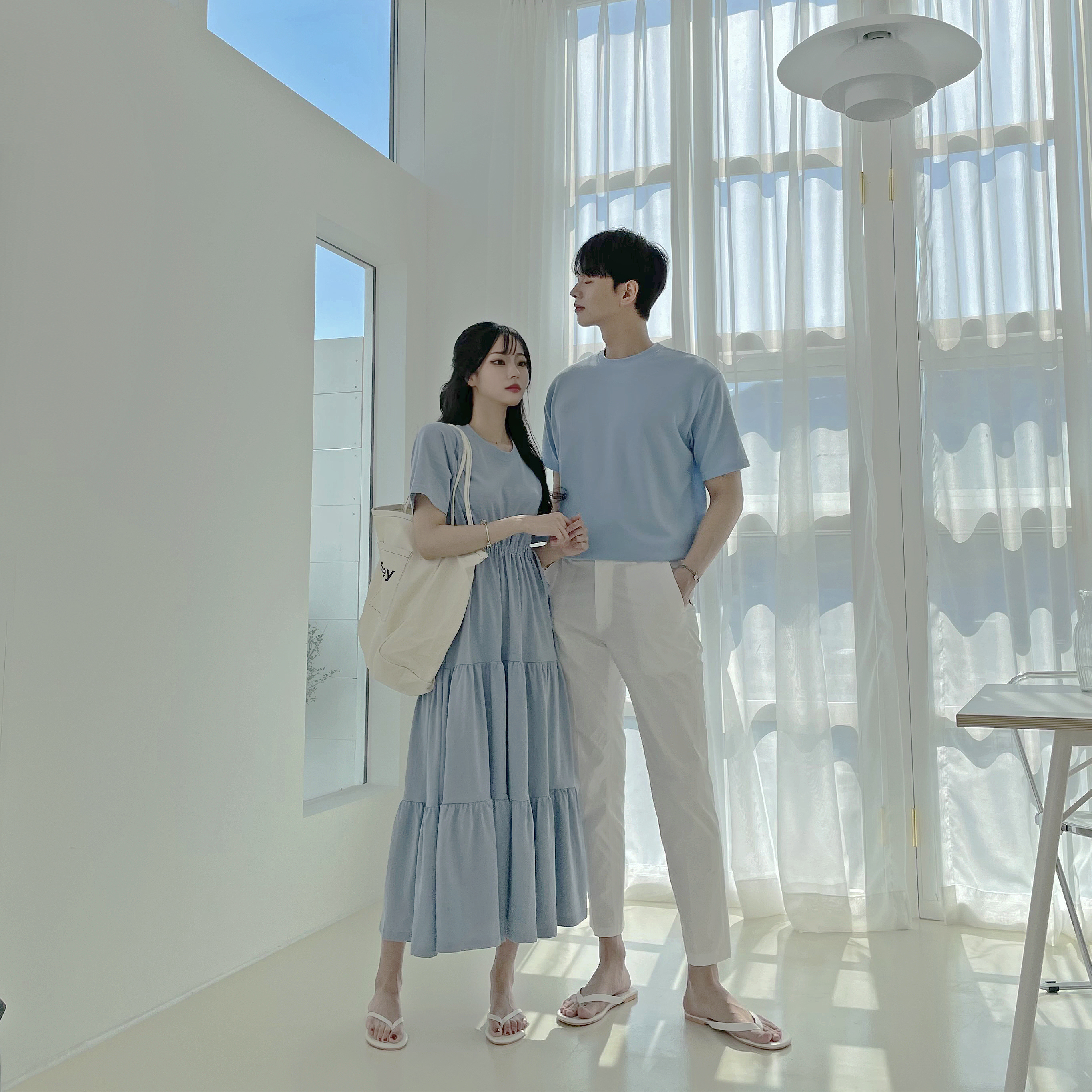 簡約韓系情侶裝（素色短袖 / 蛋糕裙洋裝)