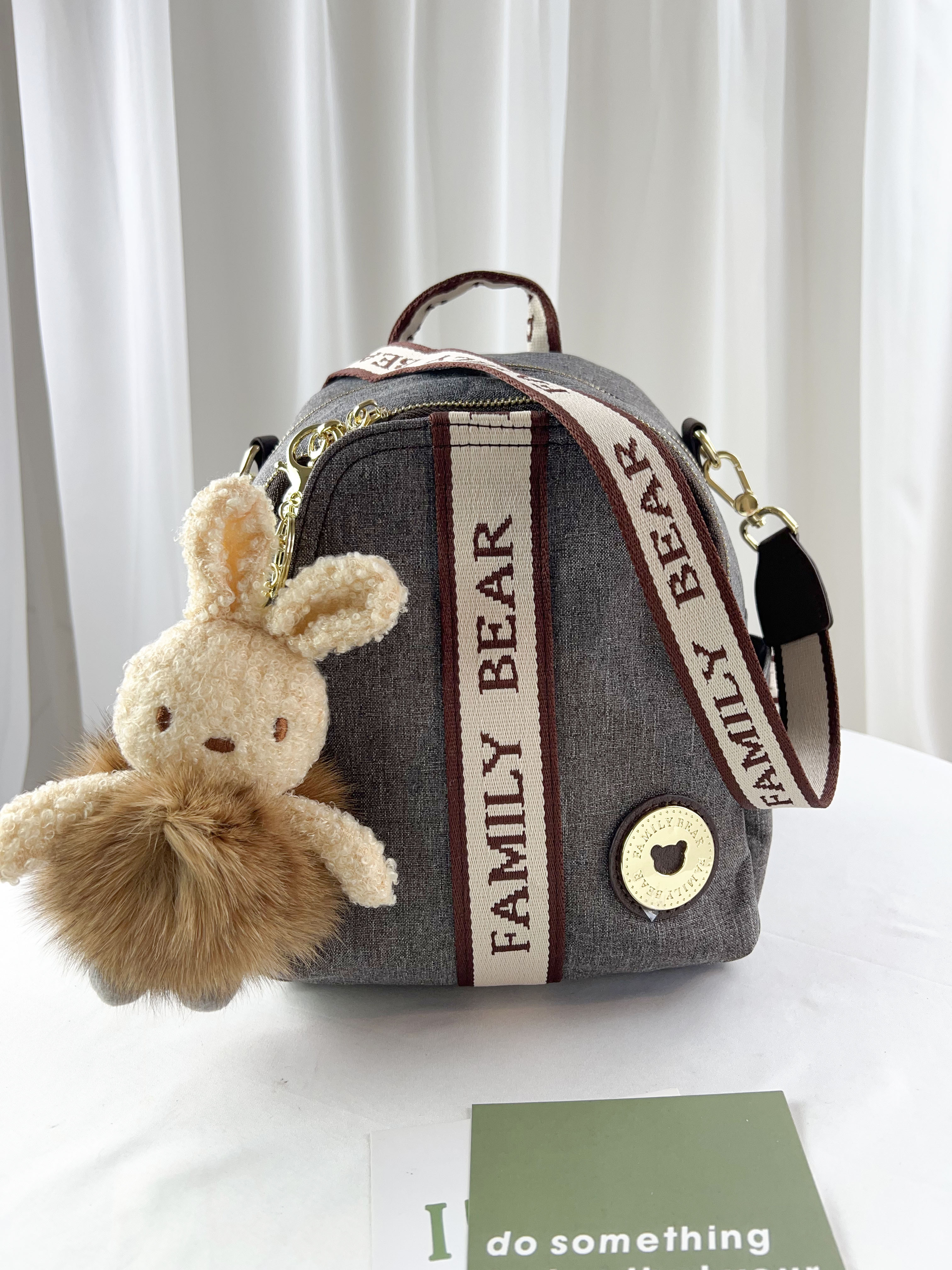 FamilyBear 織帶灰配咖防潑水後背包 / 側背包 附兔兔吊飾 #2752