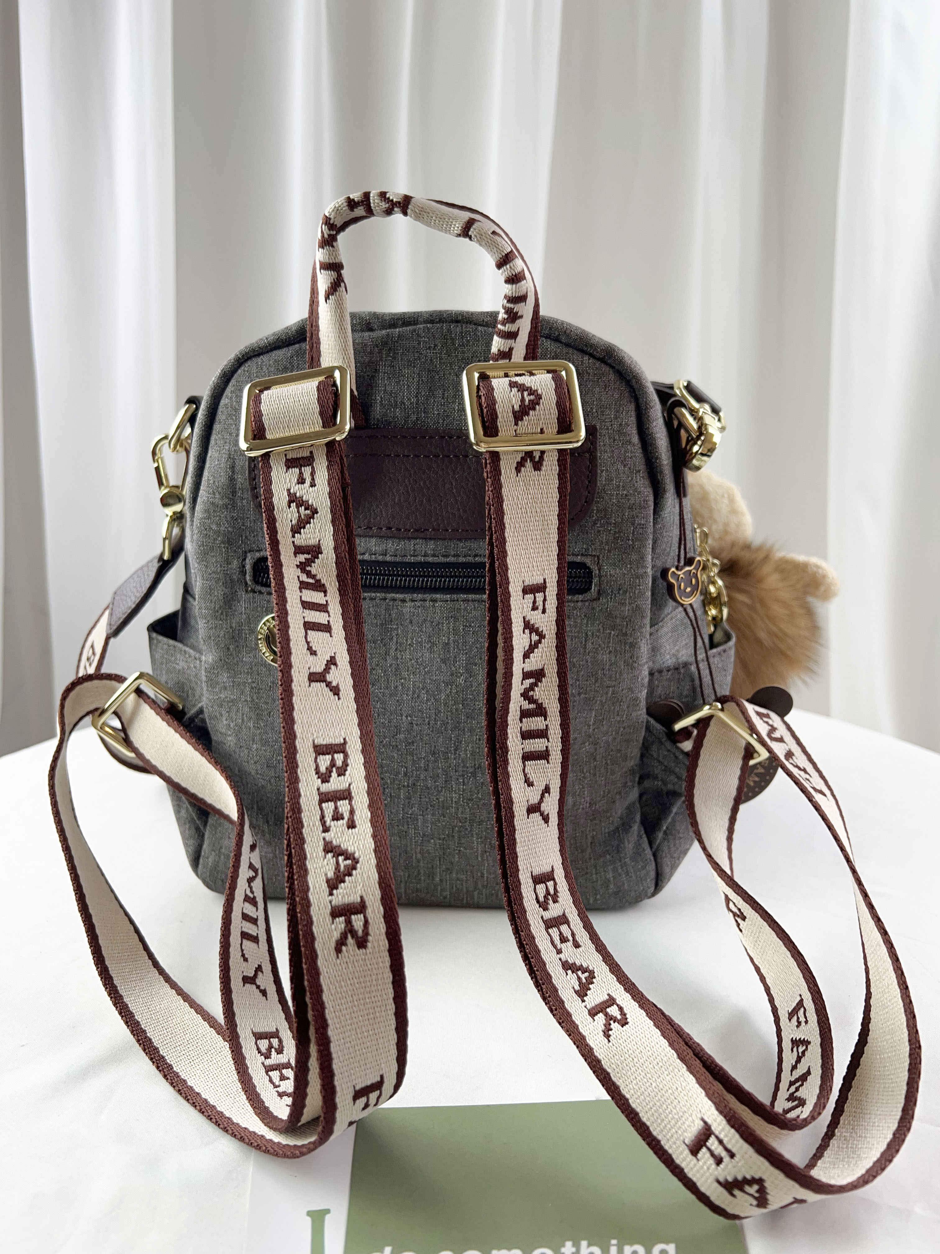 FamilyBear 織帶灰配咖防潑水後背包 / 側背包 附兔兔吊飾 #2752