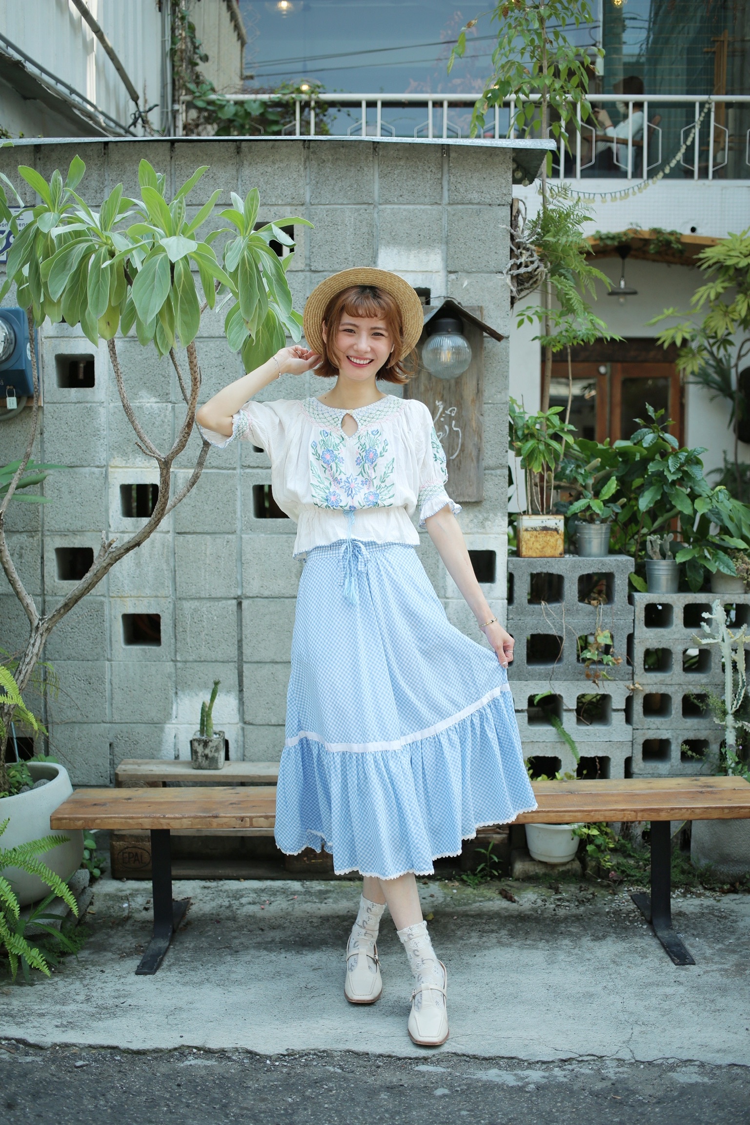 Vintage Check Skirt/ 古著水藍格紋綁帶半裙