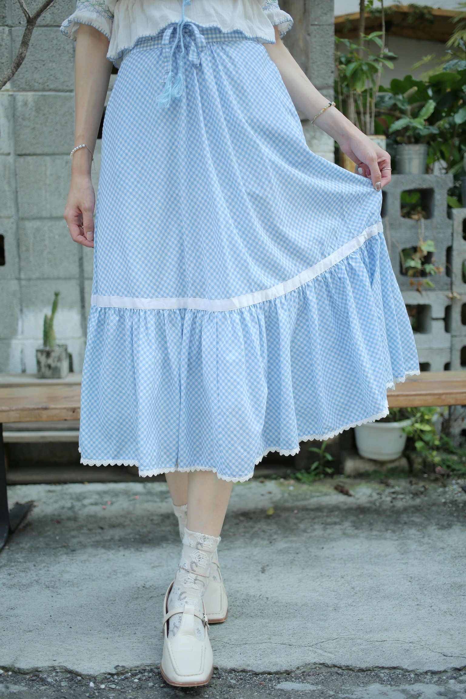 Vintage Check Skirt/ 古著水藍格紋綁帶半裙