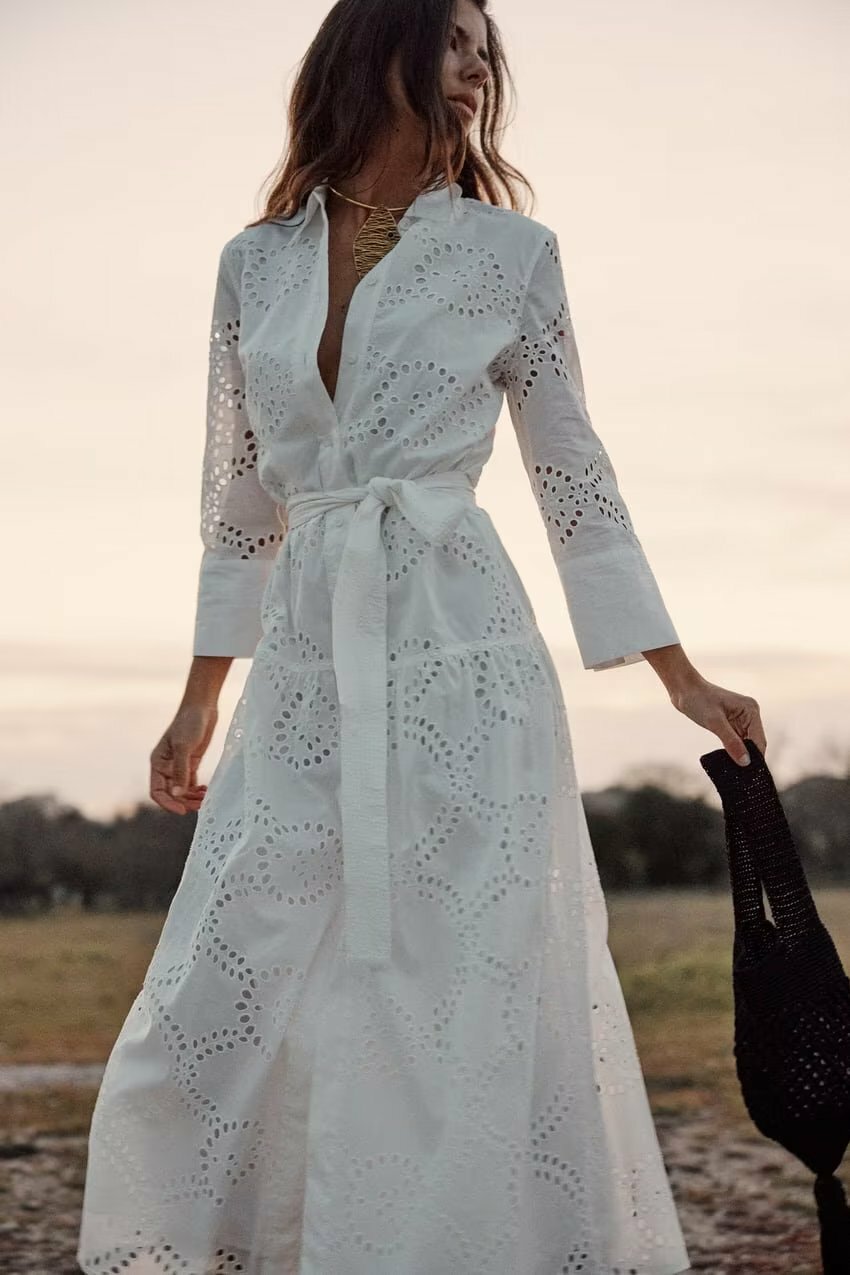 刺繡簍空 襯衫長洋裝(附腰帶)