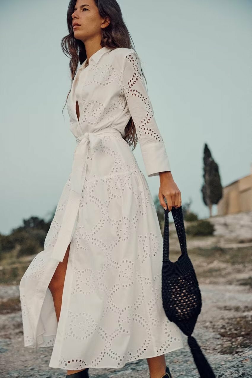 刺繡簍空 襯衫長洋裝(附腰帶)