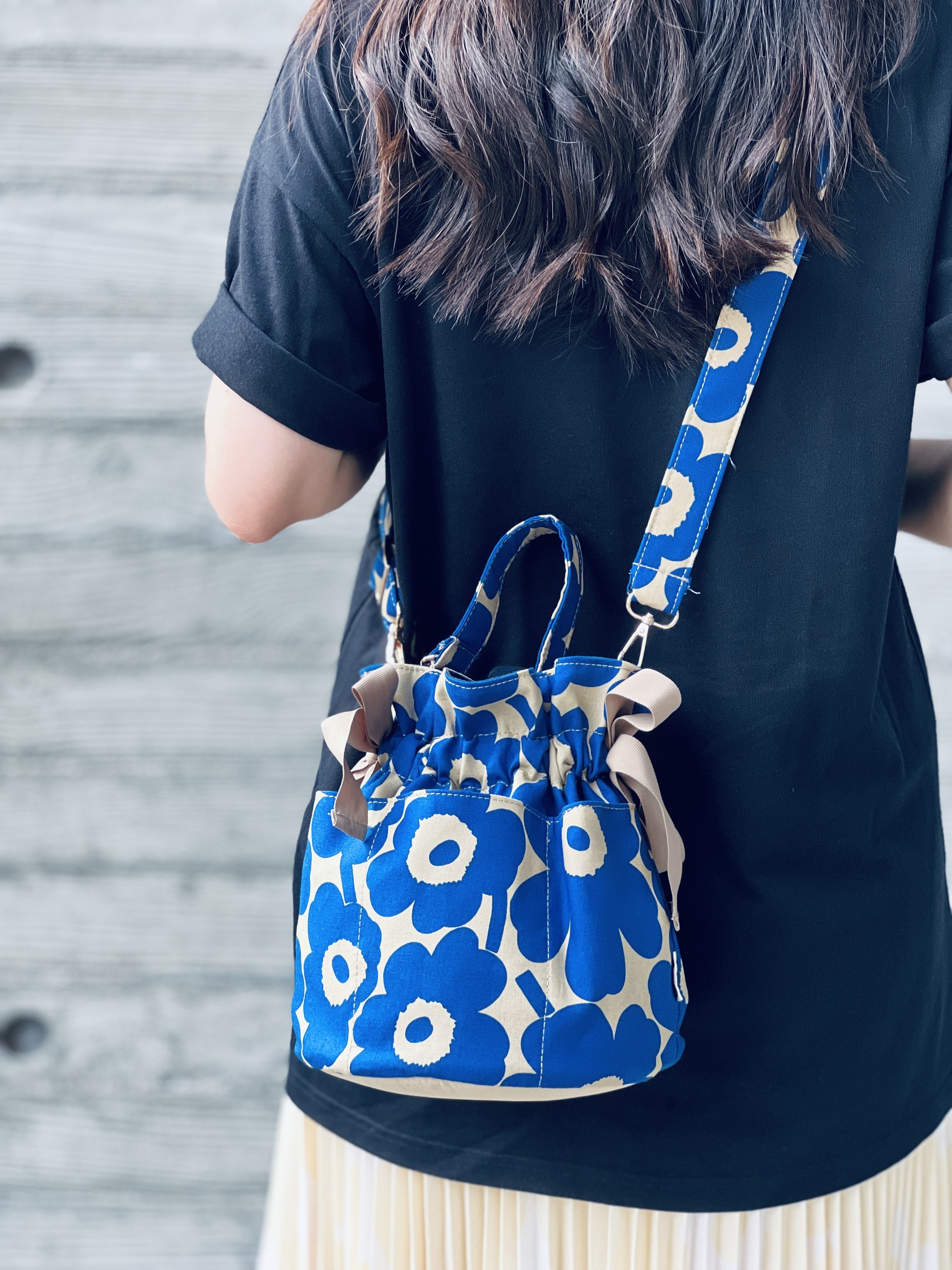 Bucket Bag | Marimekko Japan limited fabric | 孔雀藍色細花