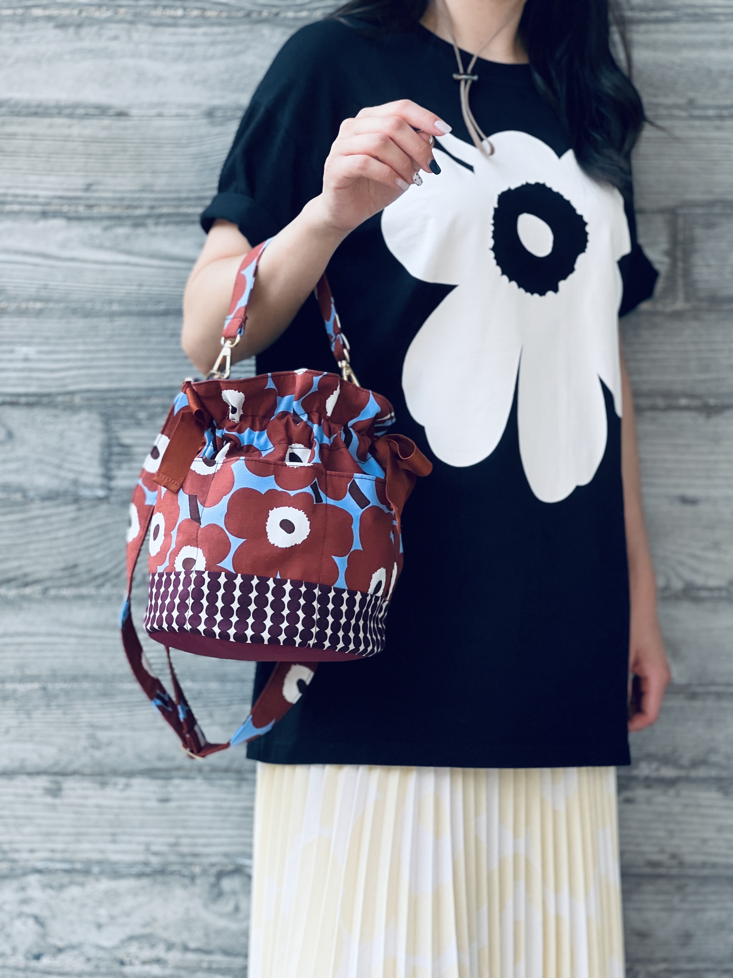 Bucket Bag | Marimekko Japan limited fabric | brown x blue Unikko with burgundy dot bottom