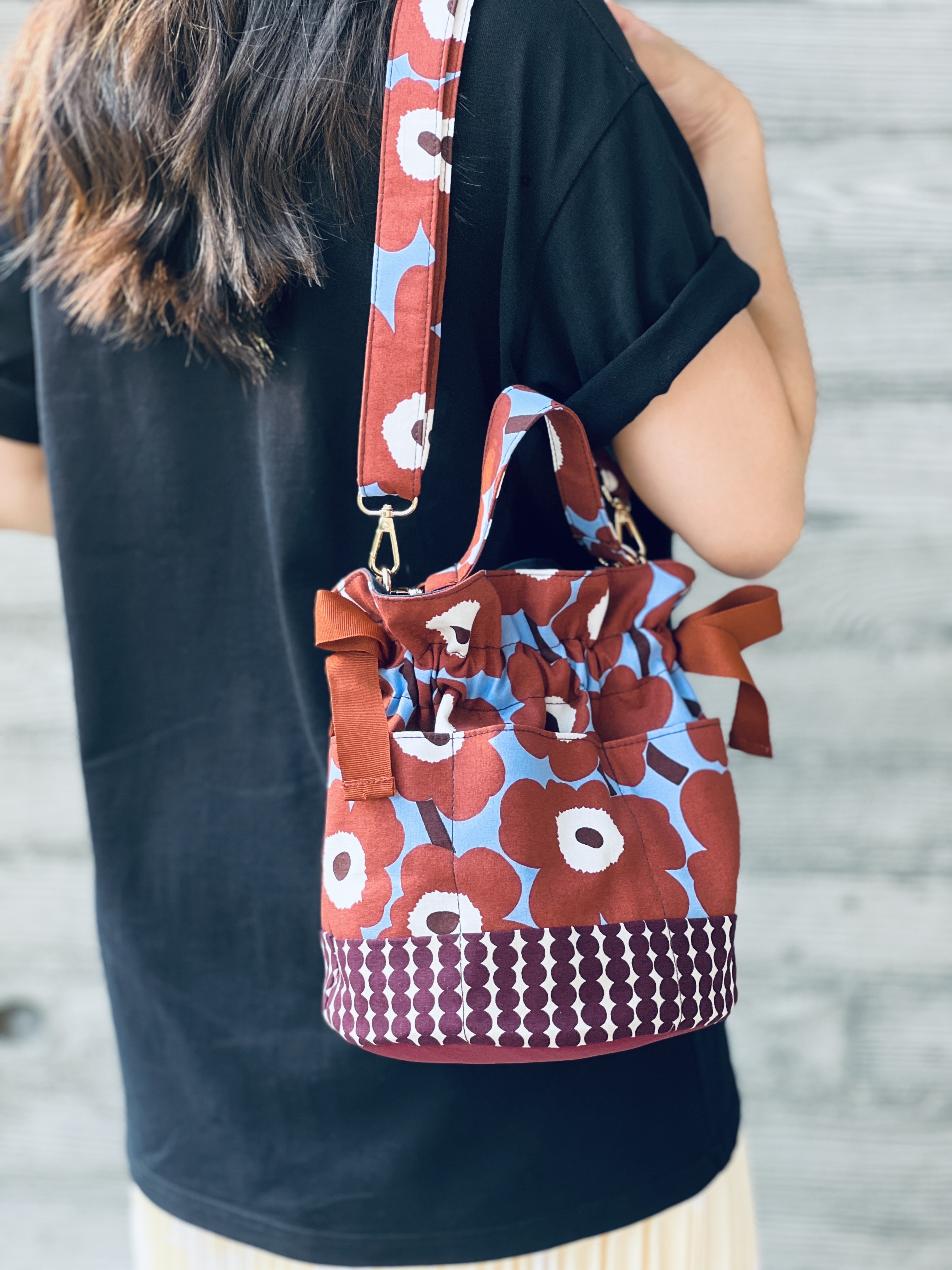 Bucket Bag | Marimekko Japan limited fabric | brown x blue Unikko with burgundy dot bottom