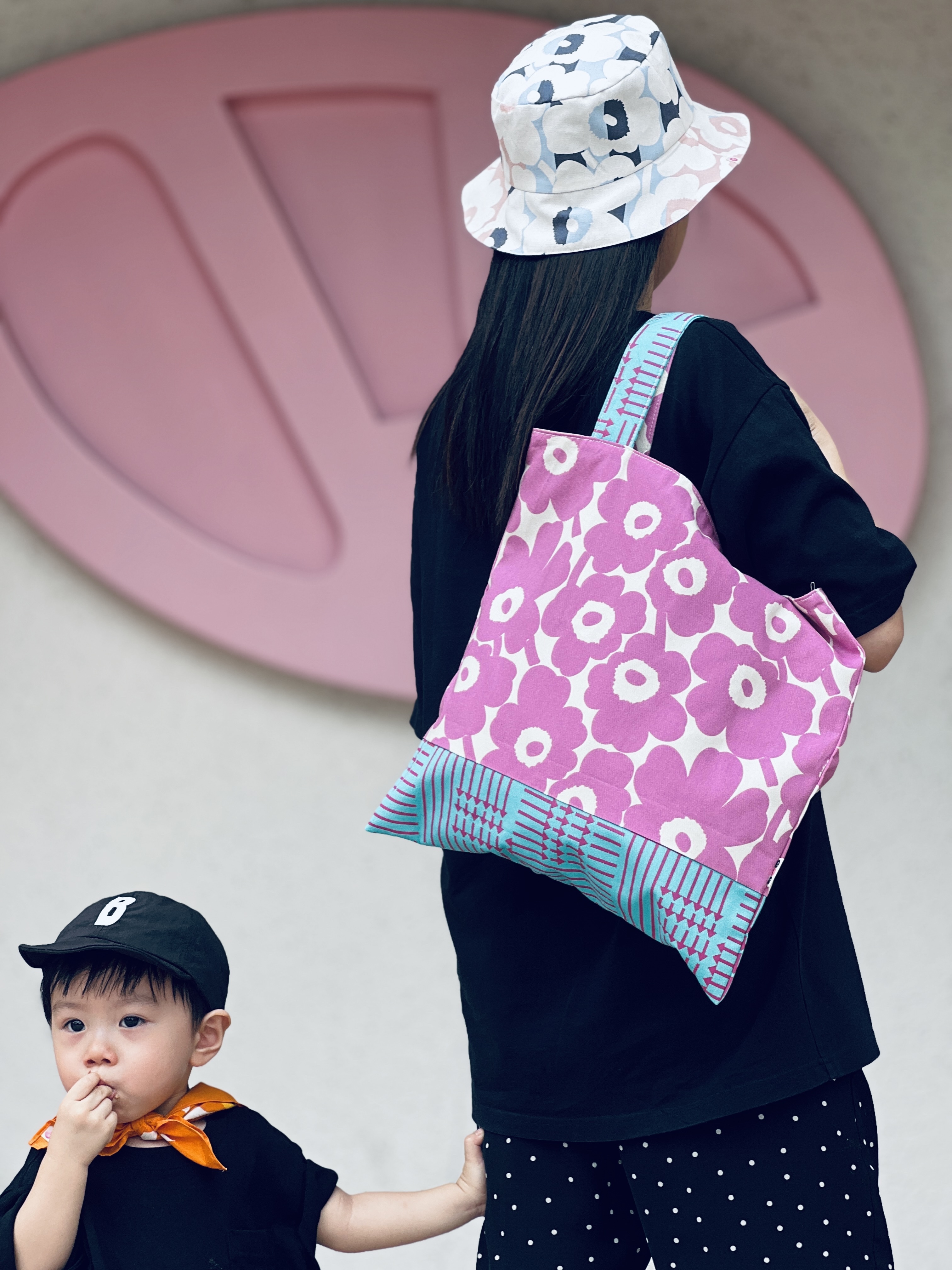 Square Tote | Marimekko limited canvas fabric | pink unikko x mint pattern