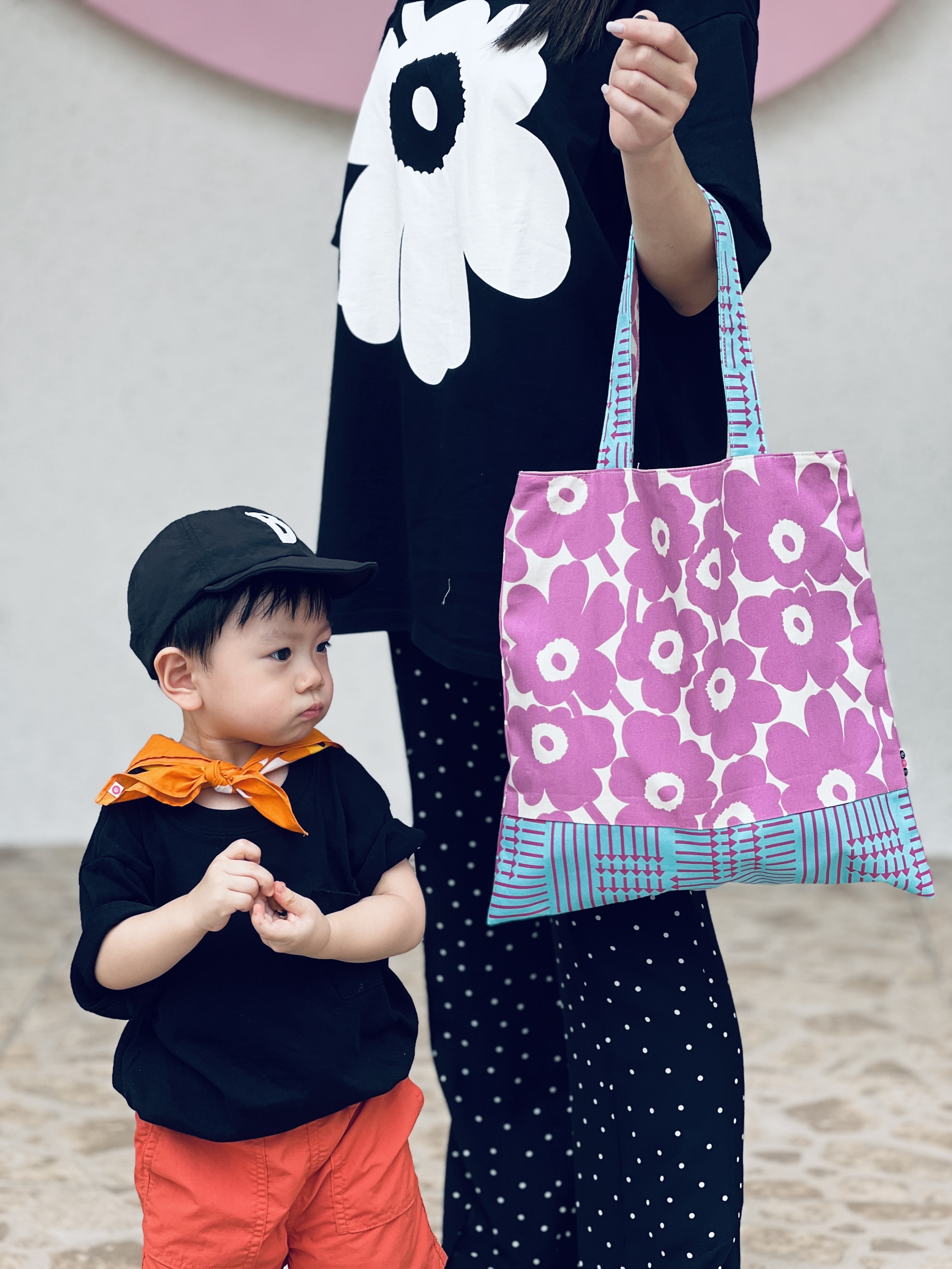 Square Tote | Marimekko limited canvas fabric | pink unikko x mint pattern