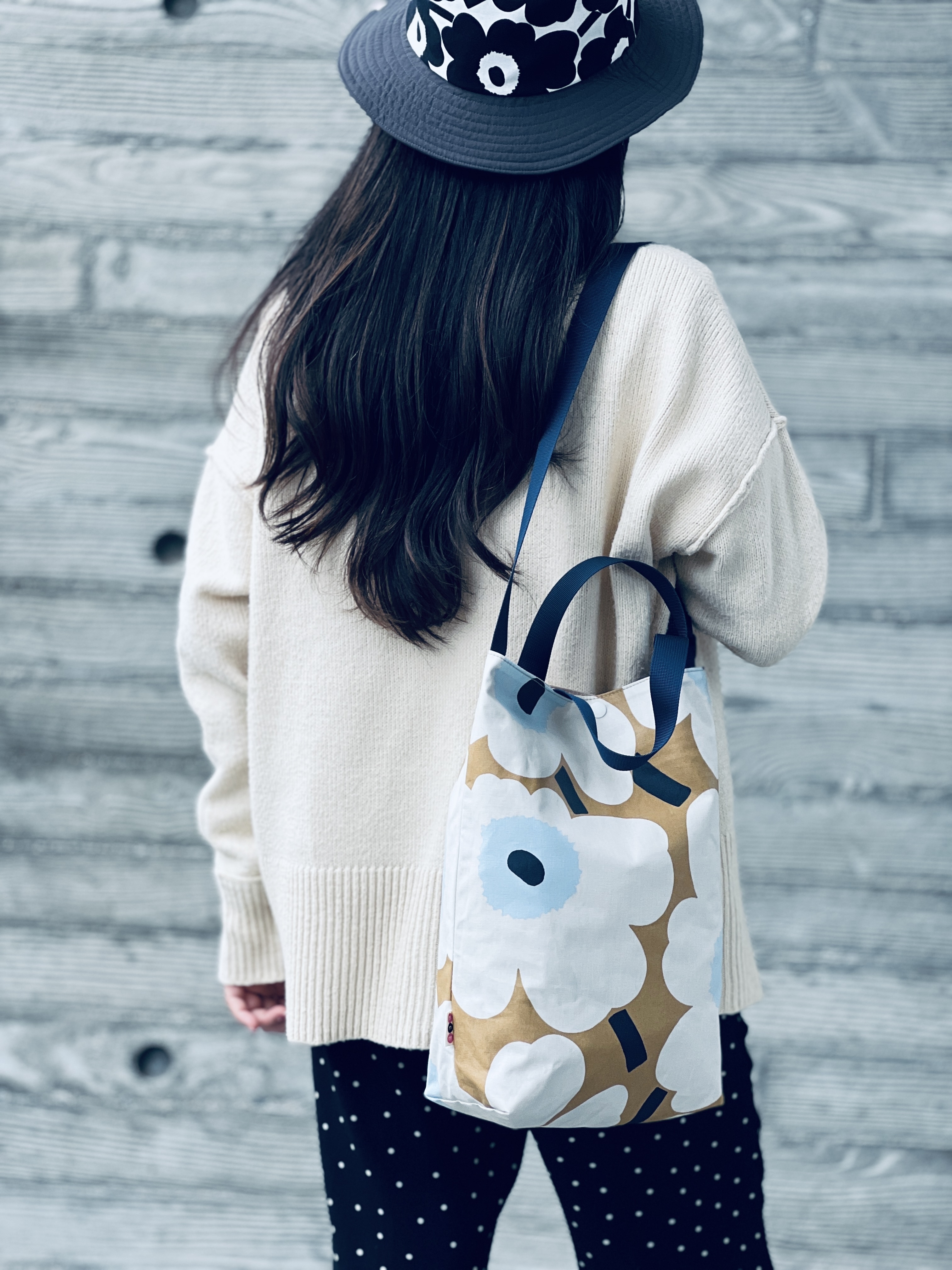 3 way easy tote | Marimekko waterproof fabric | beige x light blue 中花