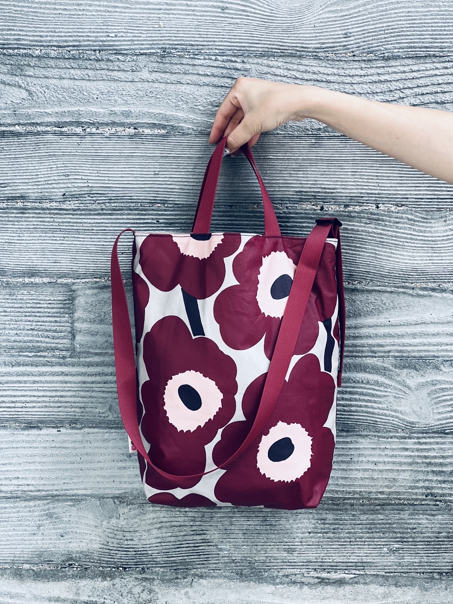 3 way easy tote | Marimekko waterproof fabric | Burgundy中花