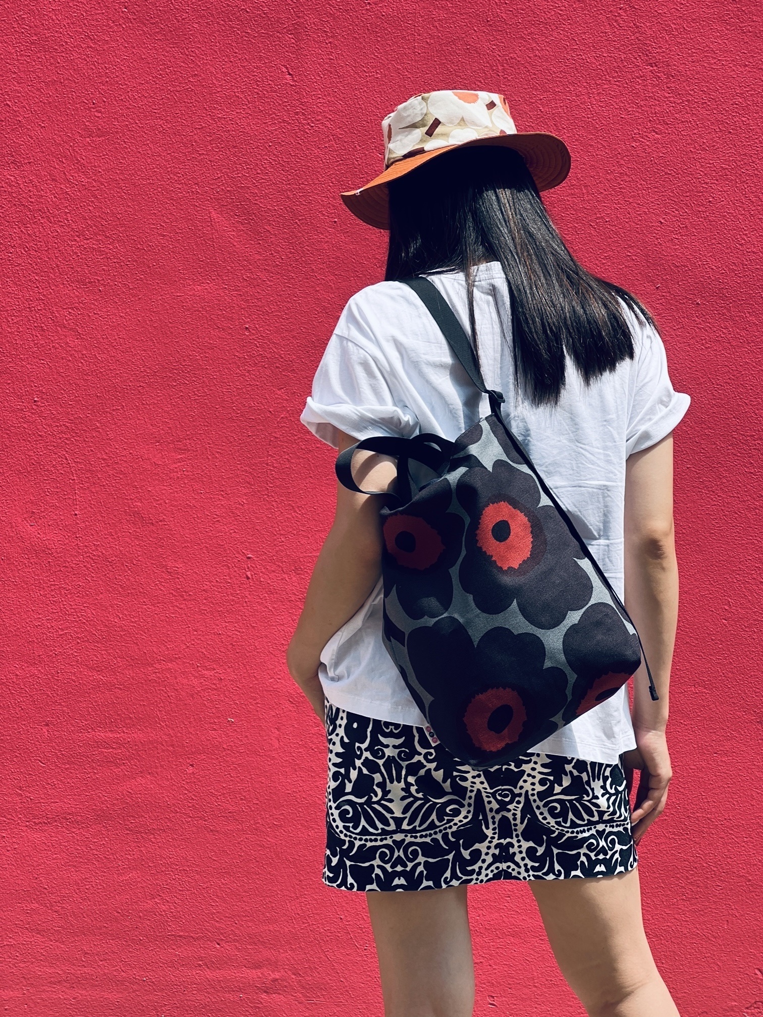 3 way easy tote | Marimekko limited canvas fabric | Grey x 螢光紅花芯Unikko