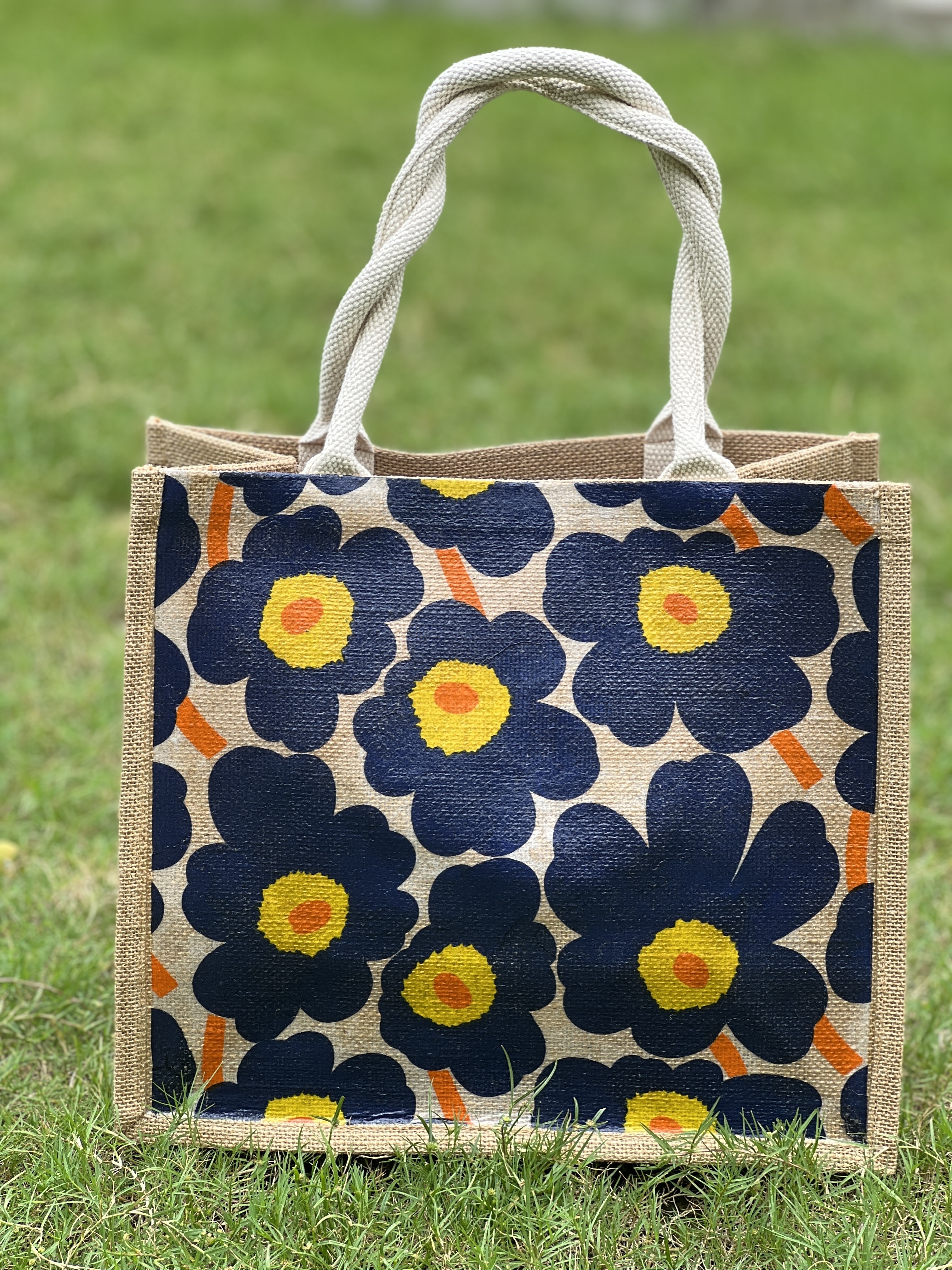 Summer Promotion Jute tote | Marimekko Navy Yellow Orange
