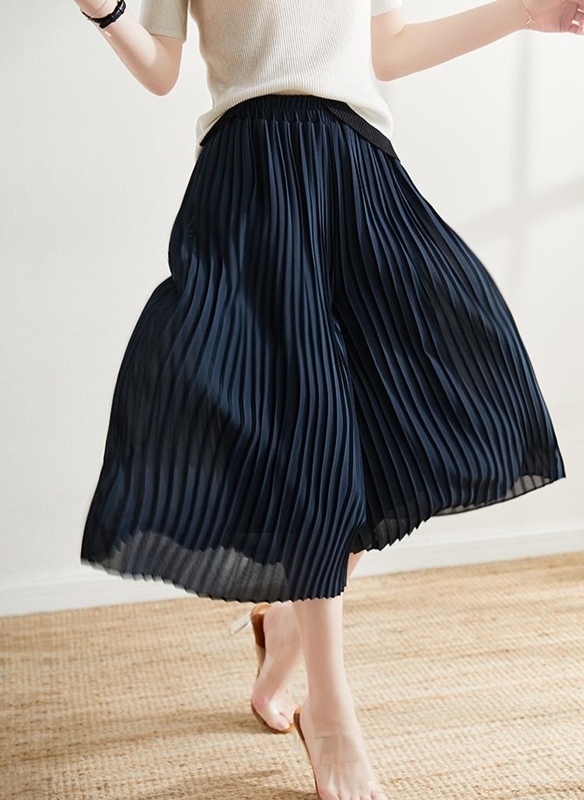 百褶七分雪紡寬褲 黑色