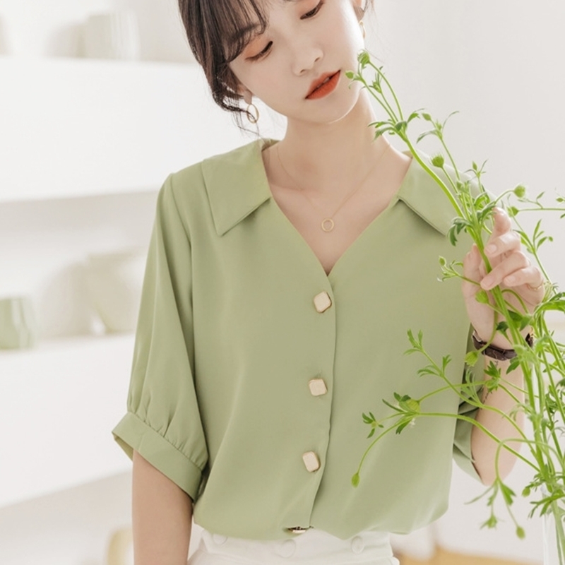 開襟方釦五分袖襯衫 兩色