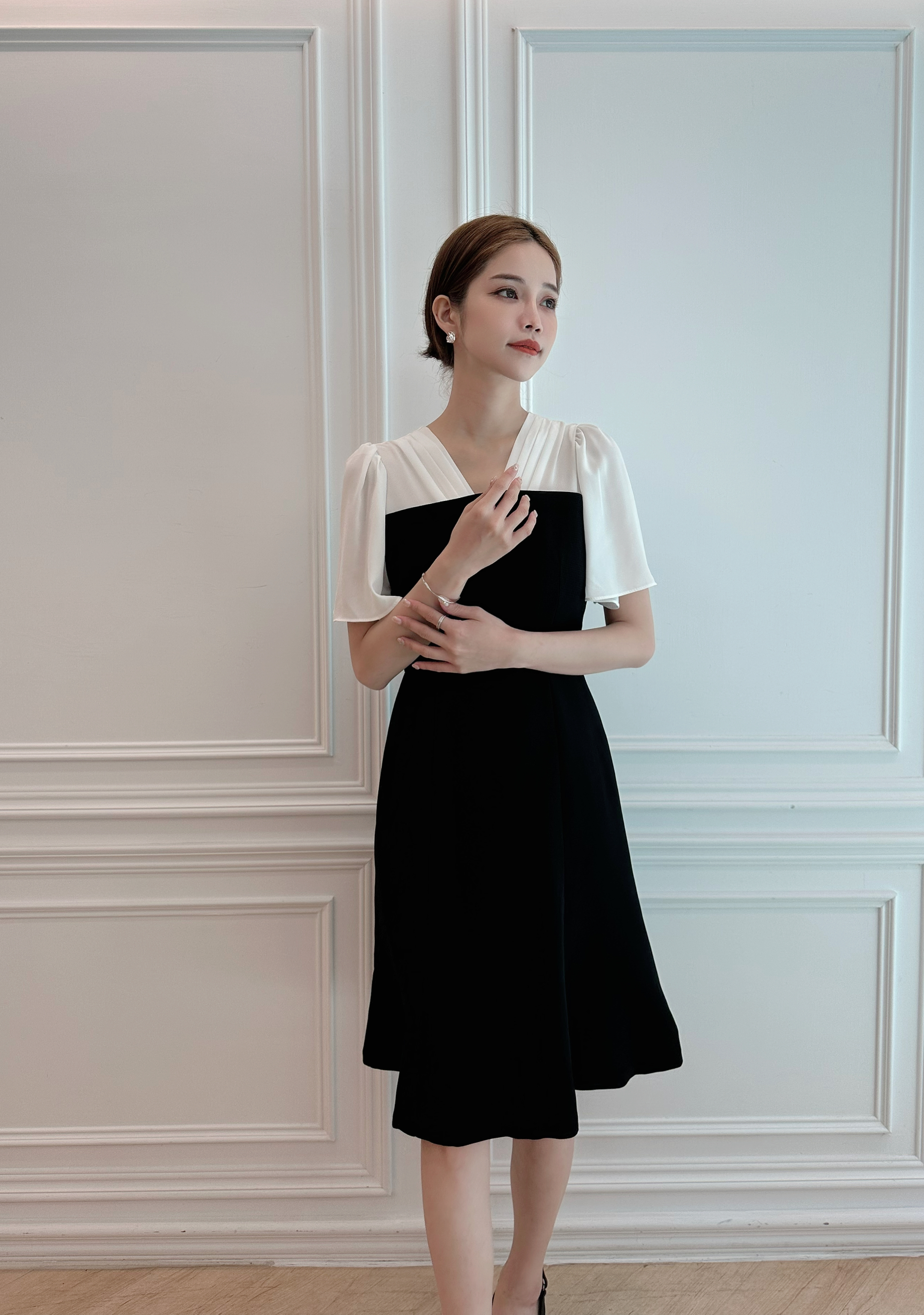 黑白拼接短袖魚尾洋