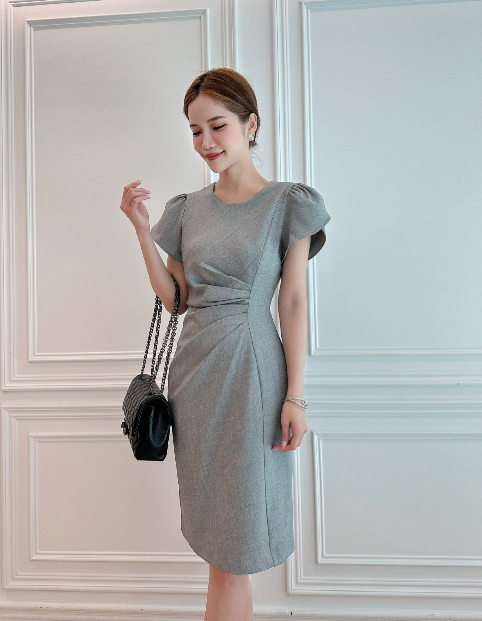 絕美側抓皺開衩短袖洋