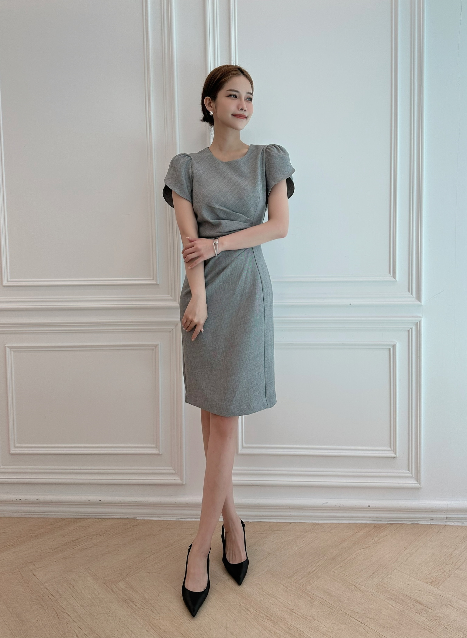 絕美側抓皺開衩短袖洋