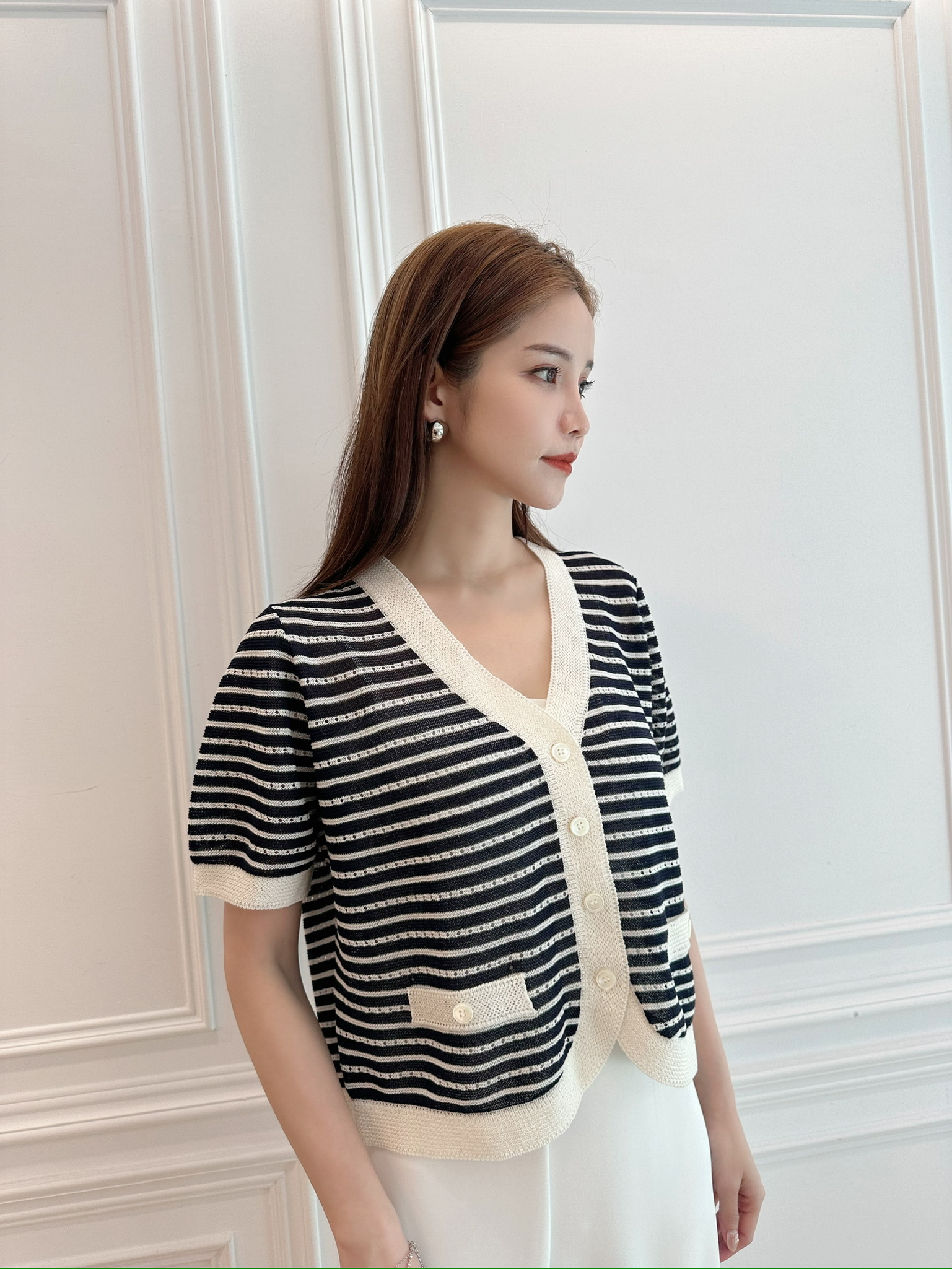 橫條紋短袖短開襟衫