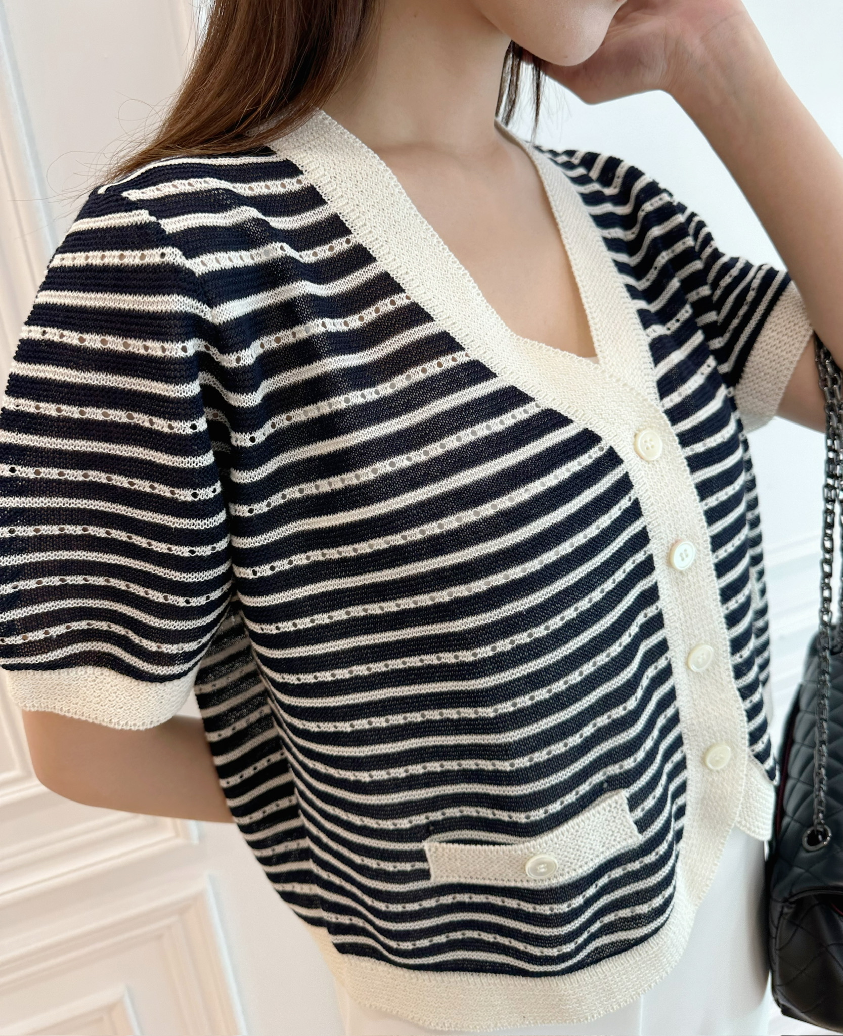 橫條紋短袖短開襟衫