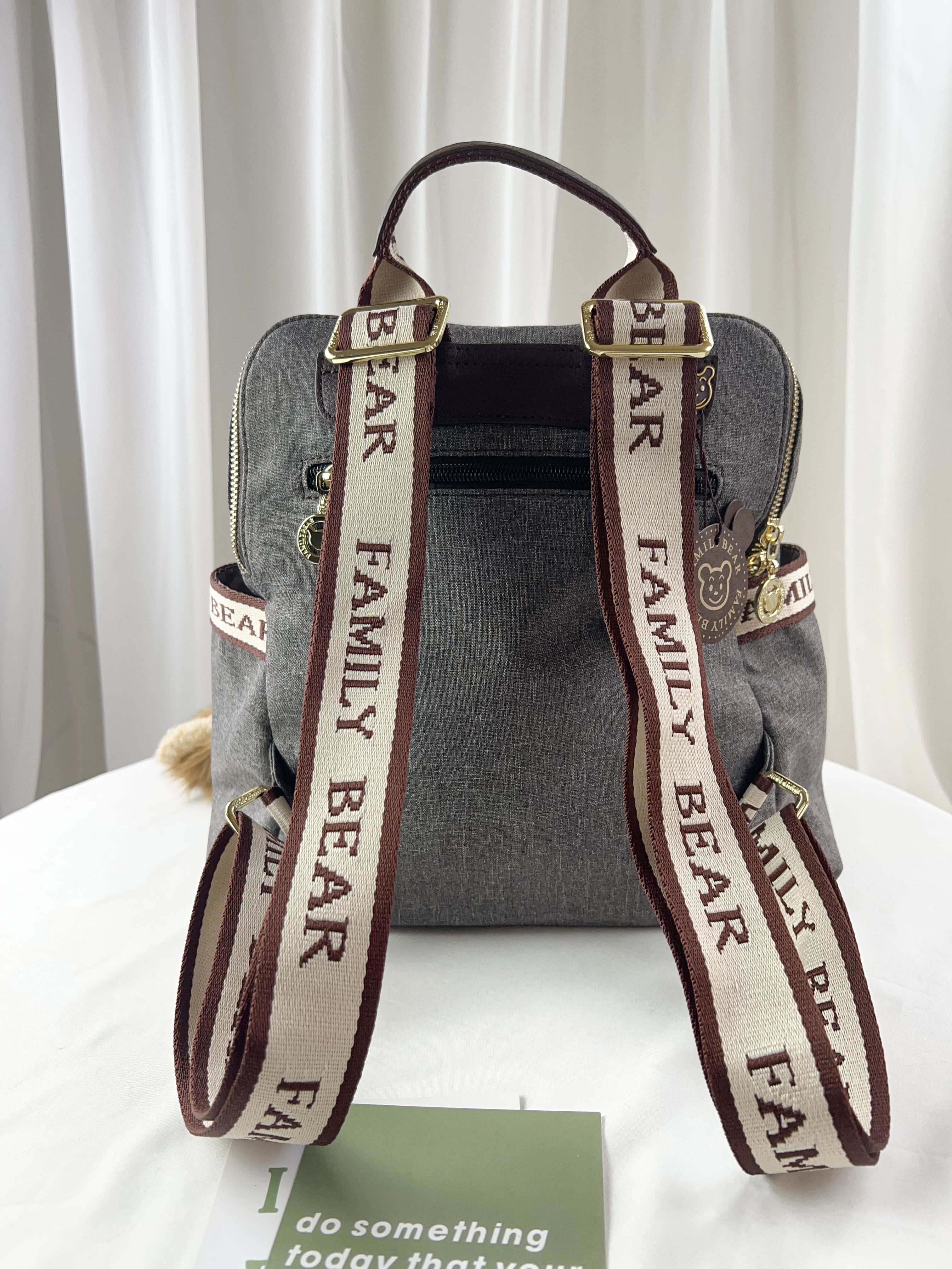 FamilyBear 織帶灰配咖防潑水後背包  附兔兔吊飾 #2854