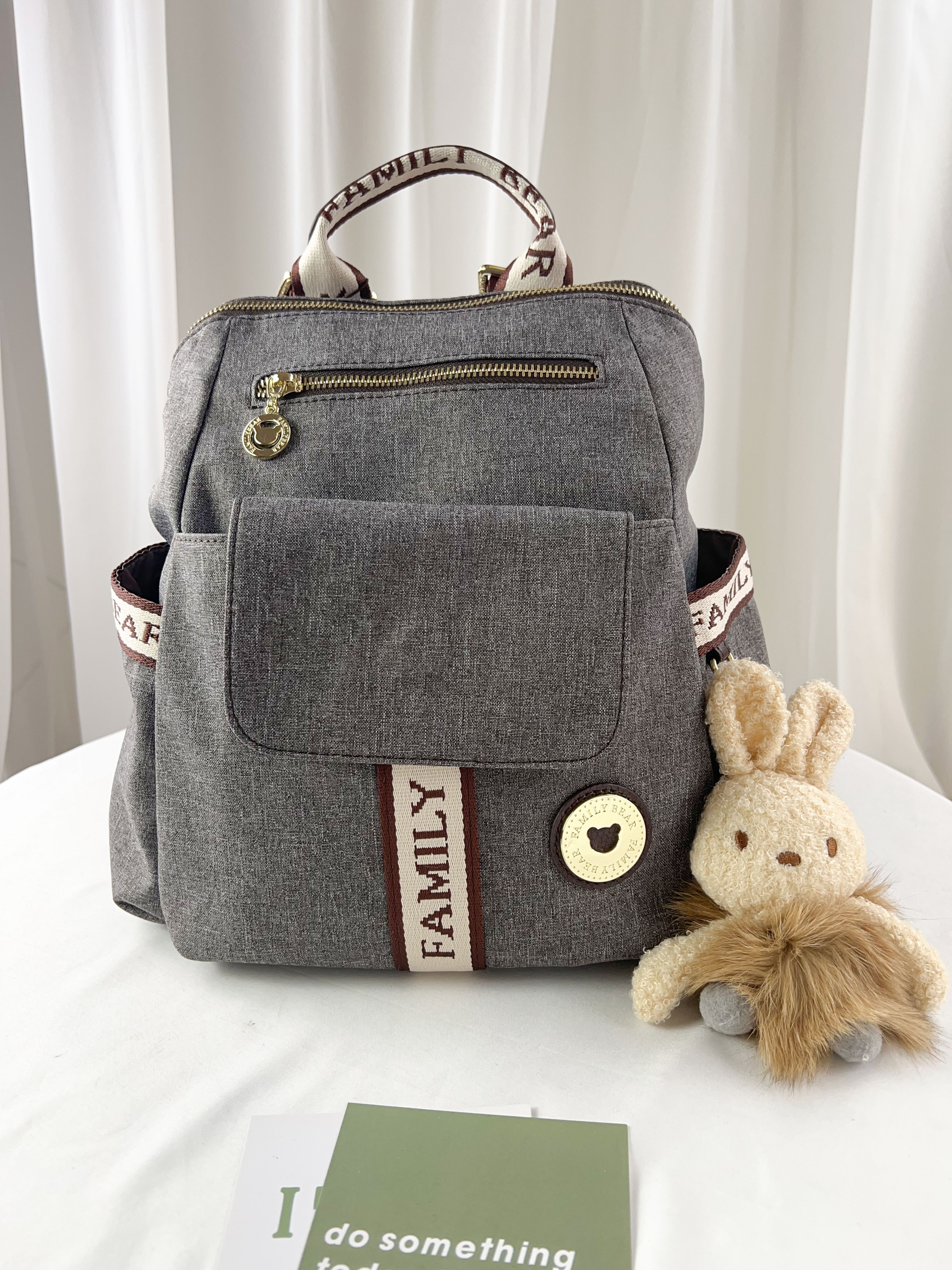FamilyBear 織帶灰配咖防潑水後背包  附兔兔吊飾 #2854