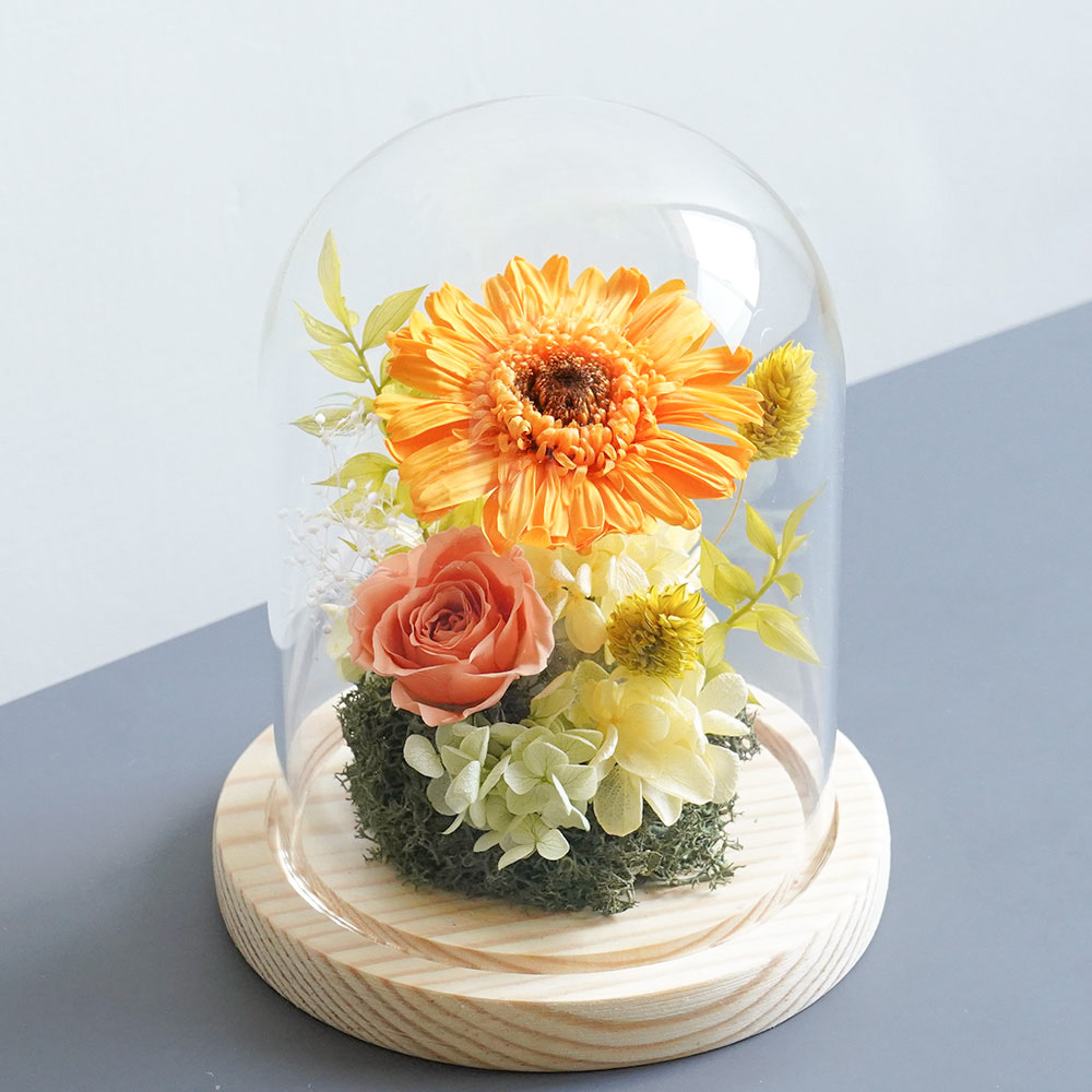 橘黃色向日葵永生花玻璃罩,喜歡生活乾燥花店,向日葵永生花玻璃罩
