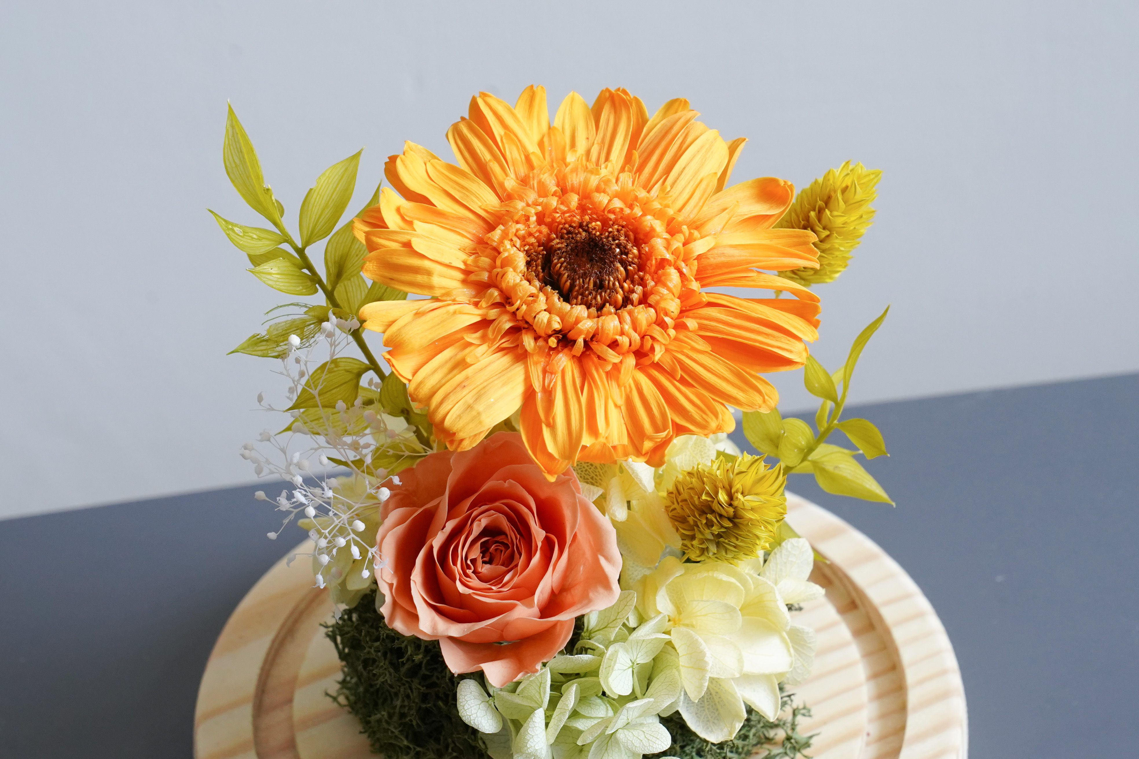 橘黃色向日葵永生花玻璃罩,喜歡生活乾燥花店,向日葵永生花玻璃罩,永生花向日葵