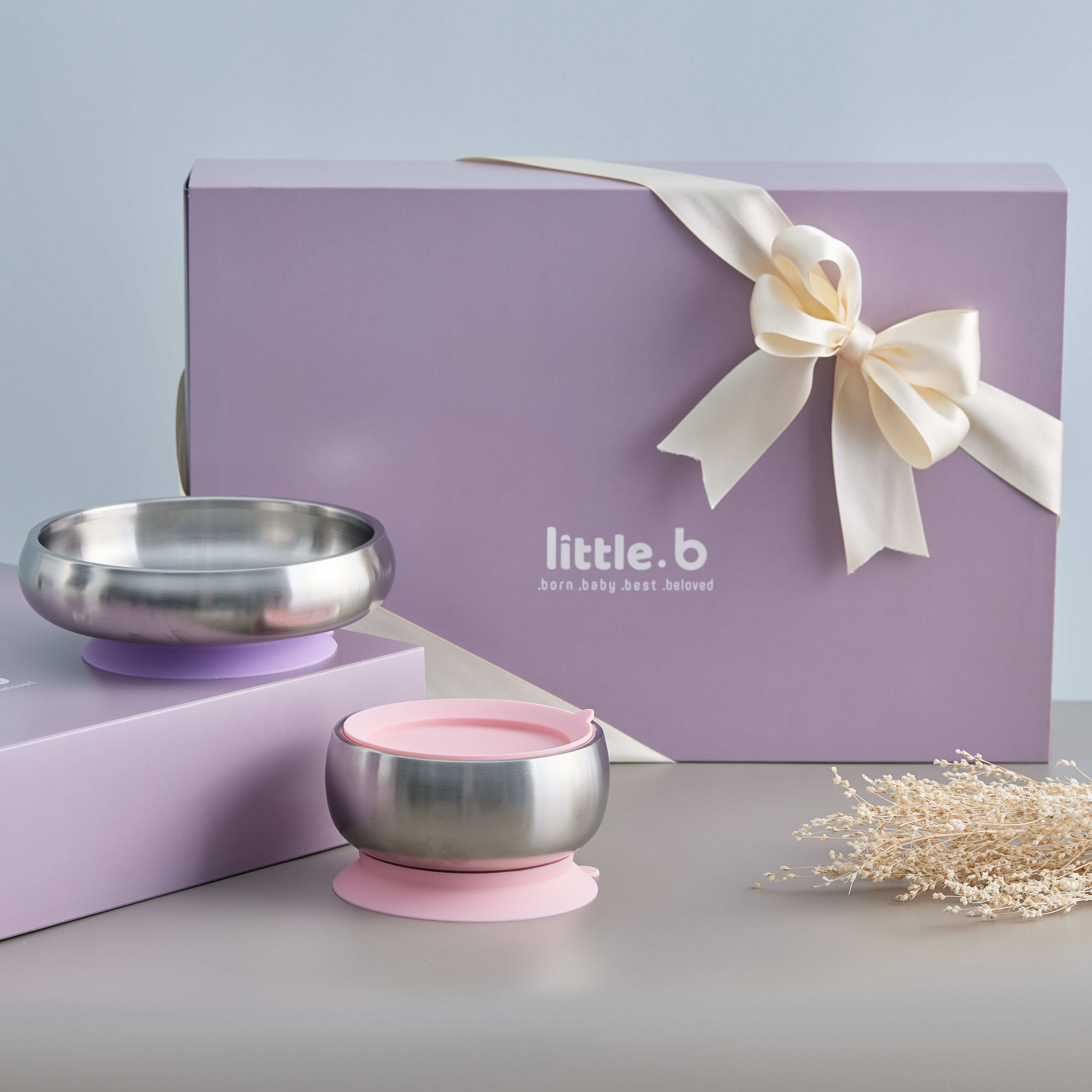 【little.b】啟蒙成長寶盒｜成長禮盒｜吸盤碗、寬口麥片碗｜316雙層不鏽鋼系列｜粉/藍