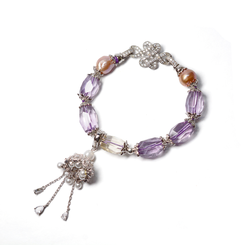 寶寶箱系列 - 紫黃水晶巴洛克珍珠手串 (配：盤長如意結、珍珠寶傘)