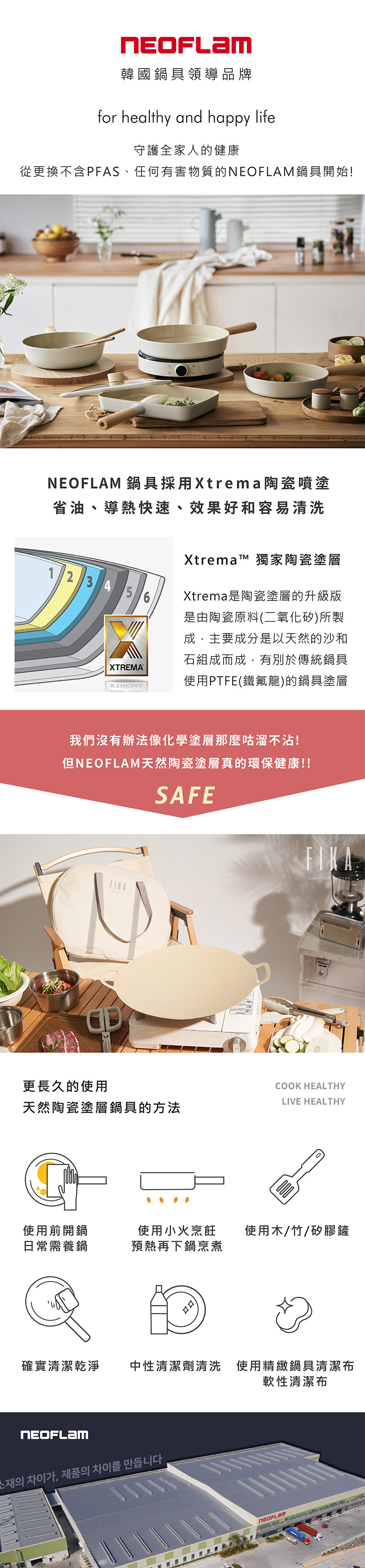 韓國鍋具領導品牌for healthy and happy life守護全家人的健康從更換不含PFAS、任何有害物質的鍋具開始! 鍋具採用Xtrema陶瓷噴塗省油、導熱快速、效果好和容易清洗1 2 3 4 5 6XtremaT 獨家陶瓷塗層Xtrema是陶瓷塗層的升級版是由陶瓷原料(二氧化矽)所製XTREMA成,主要成分是以天然的沙和石組成而成,有別於傳統鍋具使用PTFE(鐵氟龍)的鍋具塗層我們沒有辦法像化學塗層那麼咕溜不沾!但NEOFLAM天然陶瓷塗層真的環保健康!!SAFEFIKAFIKA.Less but更長久的使用COOK HEALTHYLIVE HEALTHY天然陶瓷塗層鍋具的方法使用前開鍋日常需養鍋使用小火烹飪 使用木/竹/矽膠鏟預熱再下鍋烹煮確實清潔乾淨中性清潔劑清洗 使用精緻鍋具清潔布軟性清潔布NEOFLAM의 차이가, 제품의 차이를 만듭니다NEOFLAM