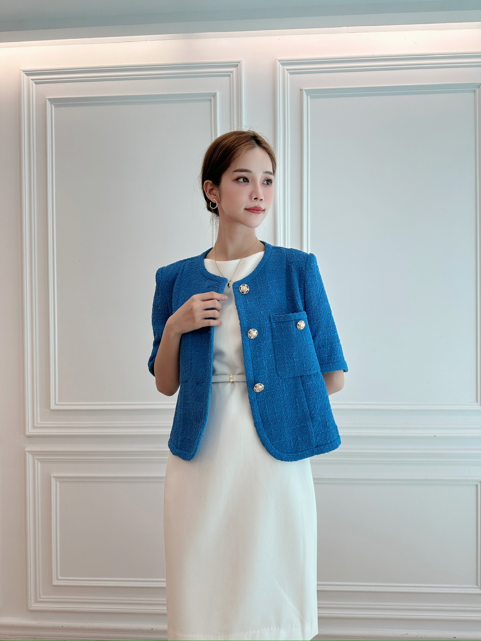 輕奢海藍金釦短袖外套