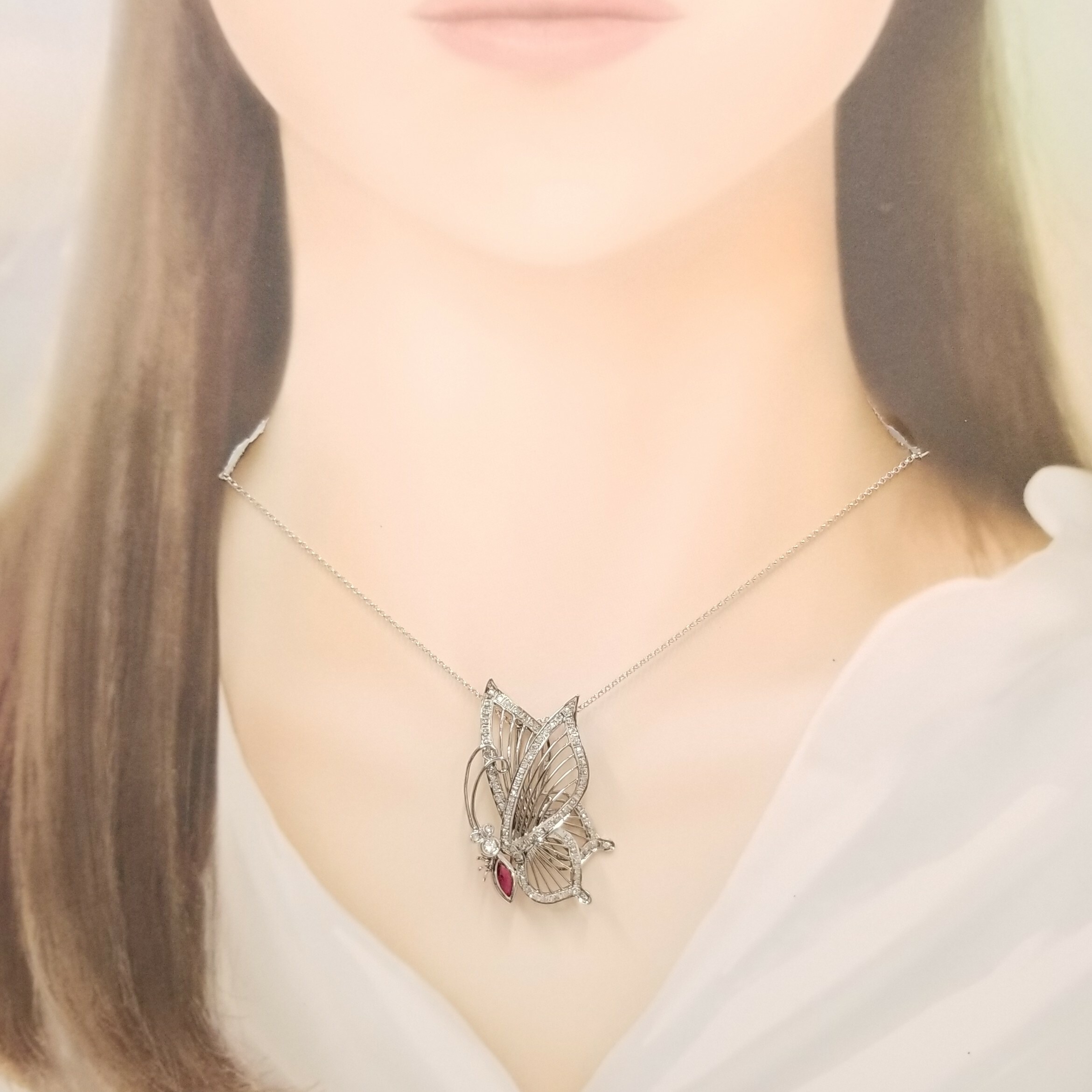 18K White Gold 0.27ct Ruby and 0.45ct Diamond Brooch & Pendent