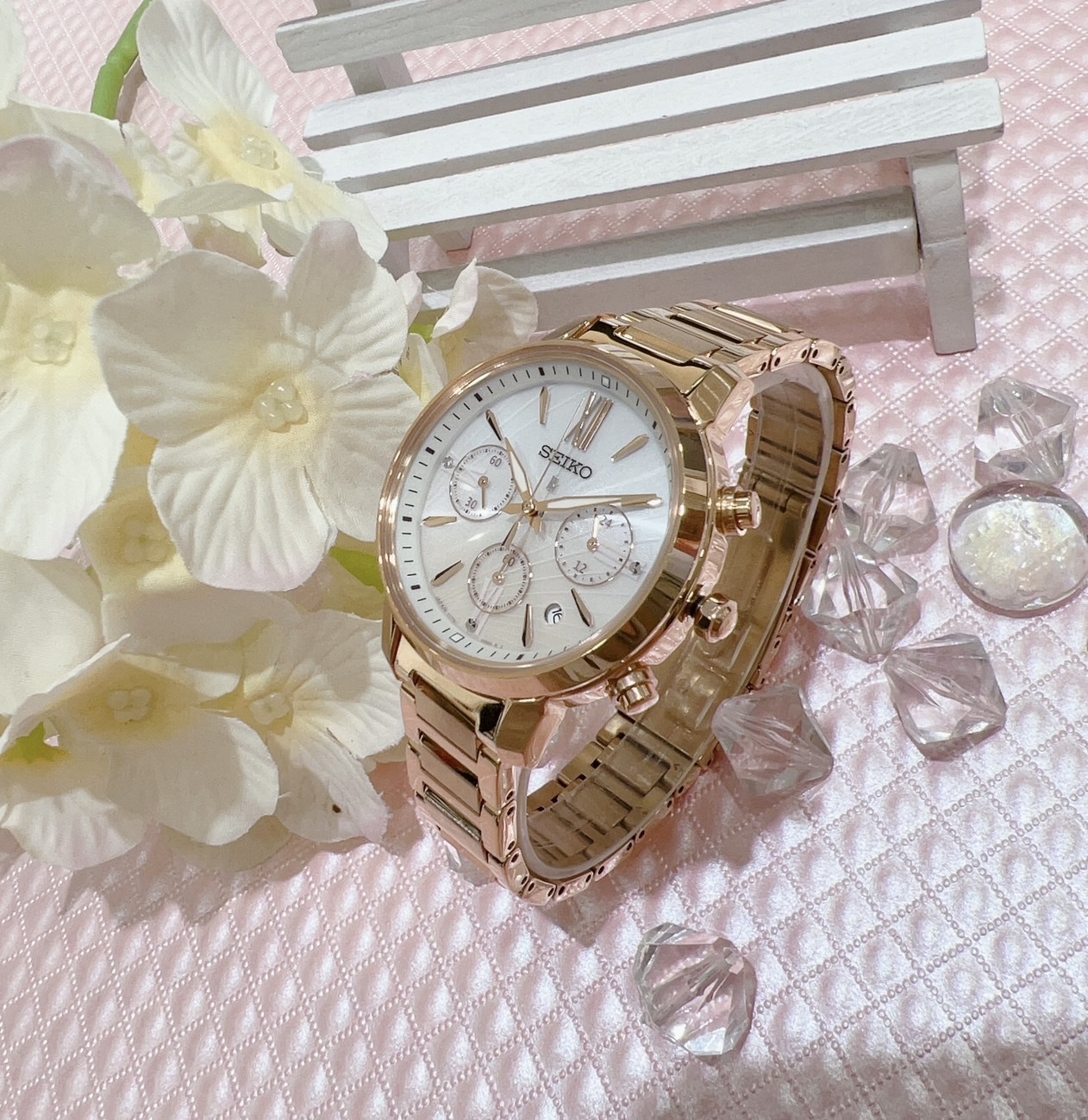 【SEIKO 精工】LUKIA系列 海芋設計全玫瑰金色太陽能計時女錶 V175-0FC0P 36.2mm  現代鐘錶