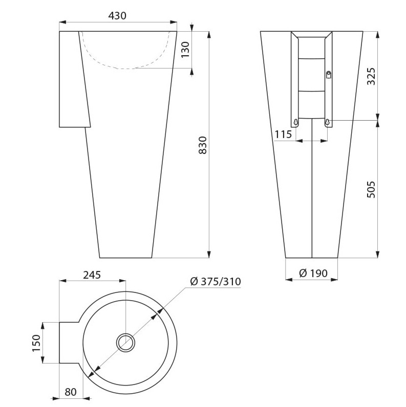 Delabie BAILA 120170 Floor-standing washbasin, no tap hole, bacteriostatic 304 stainless steel