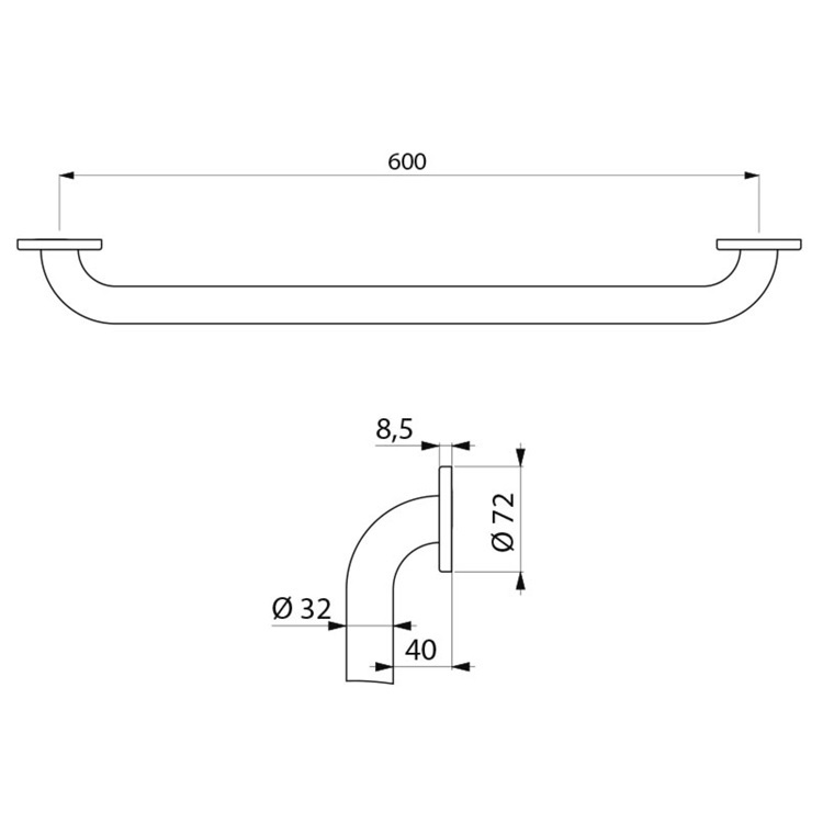 Delabie 350506S Basic straight grab bar, 32mm dia, 600L mm