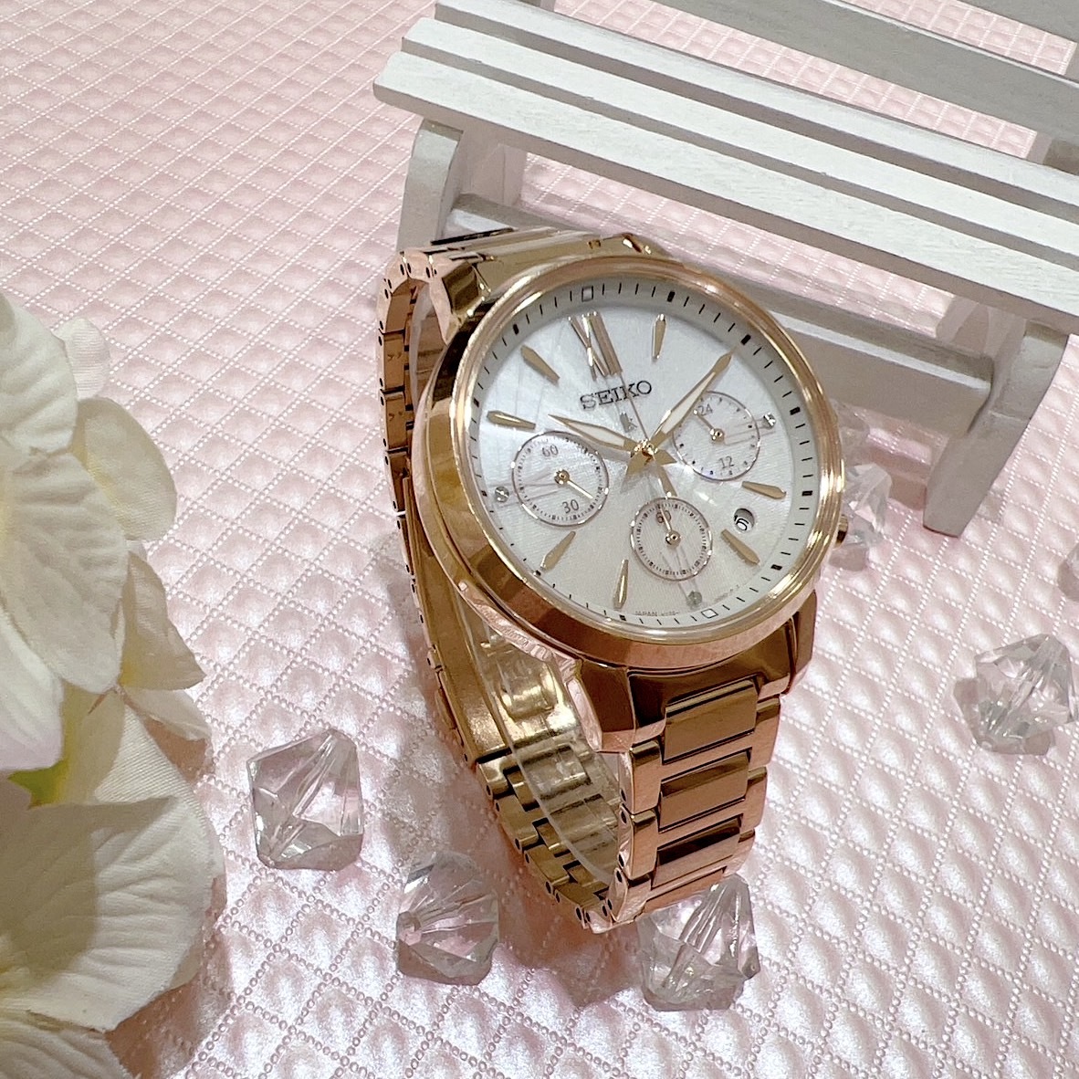 【SEIKO 精工】LUKIA系列 海芋設計全玫瑰金色太陽能計時女錶 V175-0FC0P 36.2mm  現代鐘錶