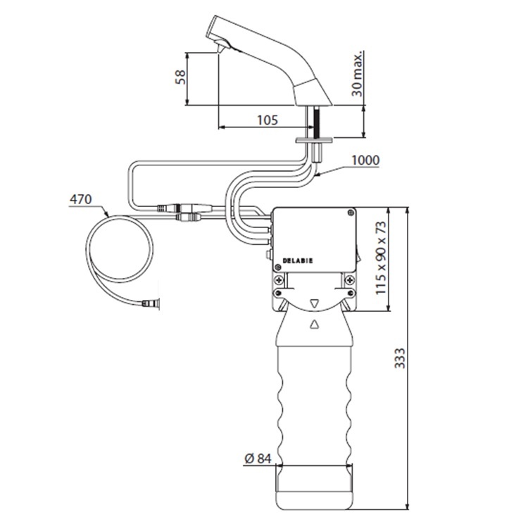 Delabie "BINOPTIC" 512021P (512021PSP) Deck-mounted electronic soap dispenser, mains supply with 230/6V direct connection