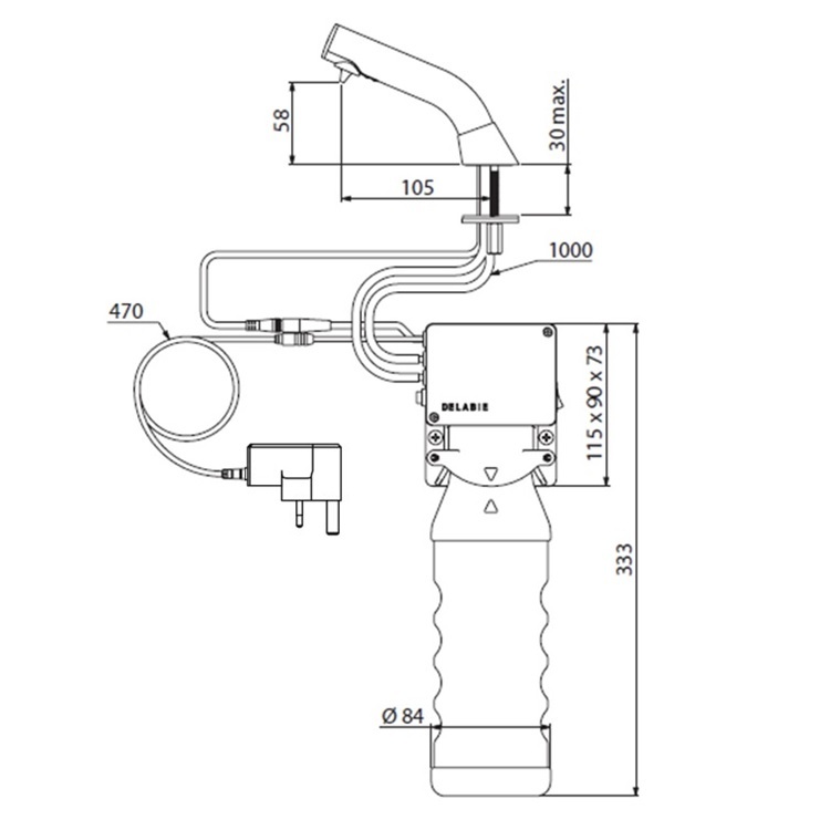 Delabie "BINOPTIC" 512021PUK Deck-mounted electronic soap dispenser, mains supply with 230/6V transformer(UK Plug)