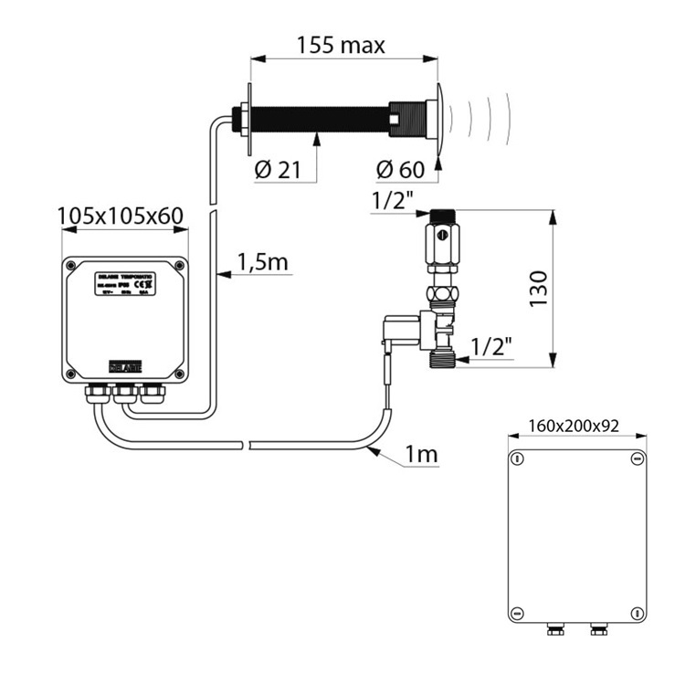 Delabie "TEMPOMATIC" 428150 + 406220 Urinal sensor valve, 230/12V mains supply with transformer - Wels