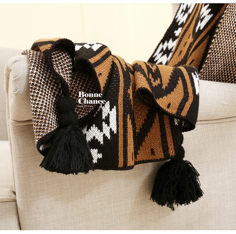 波西米亞圖騰流蘇沙發毯 黑色