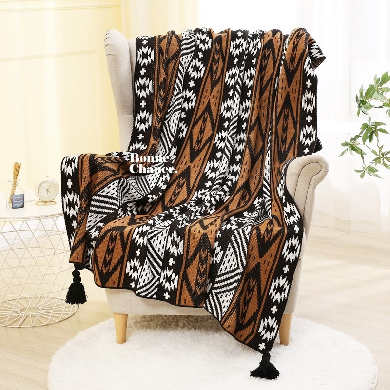 波西米亞圖騰流蘇沙發毯 黑色