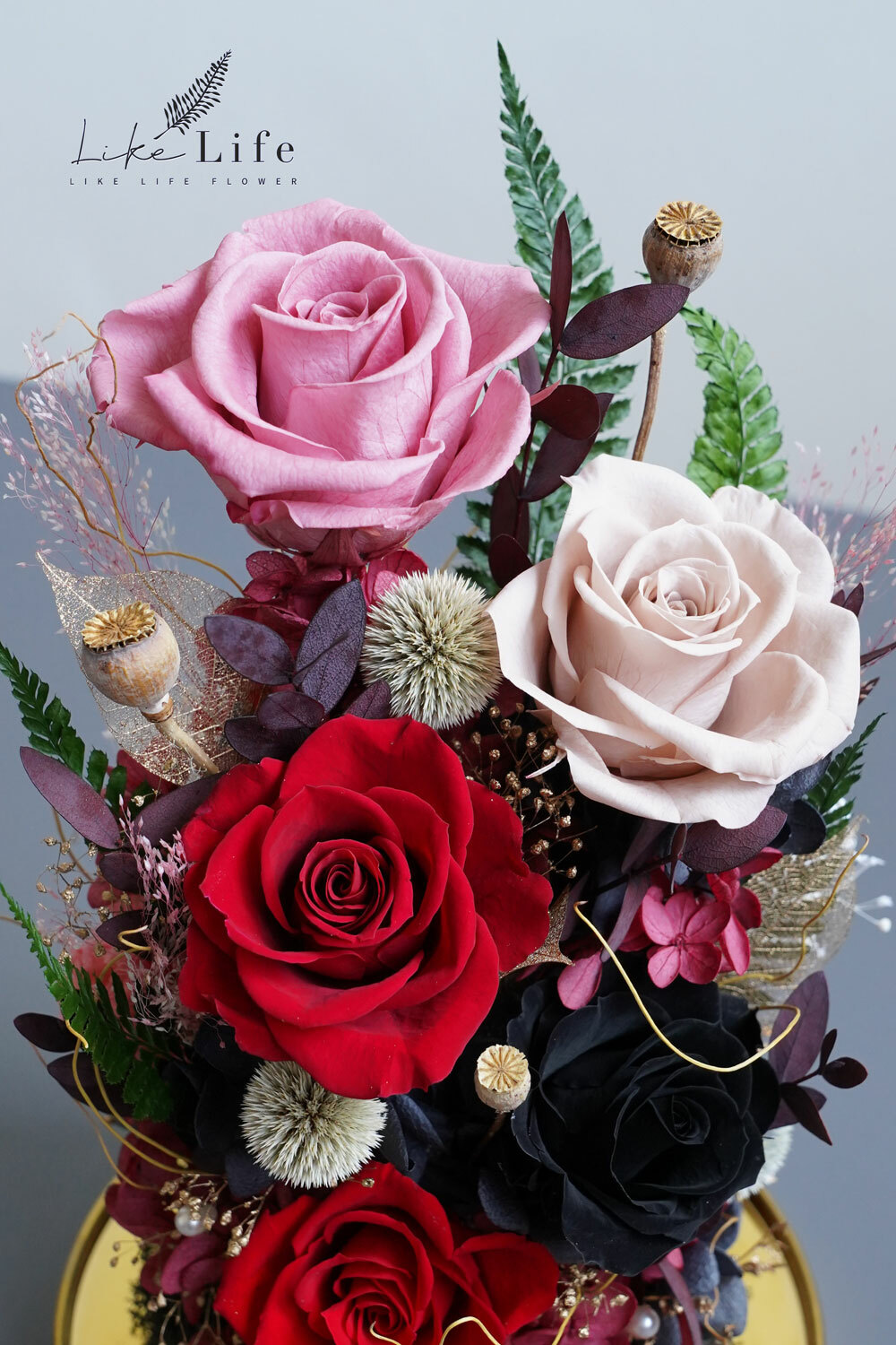 紅玫瑰,粉玫瑰奶茶色玫瑰特寫-喜歡生活乾燥花店