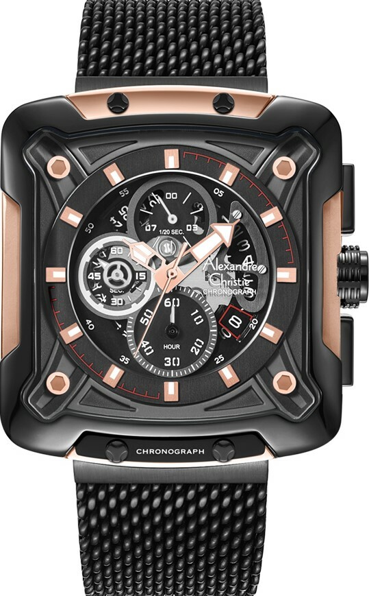 萬年鐘錶 - Alexandre Christie  3039MC系列 方形霸氣三眼計時透視男錶 3039MCBBRBA  錶徑44MM