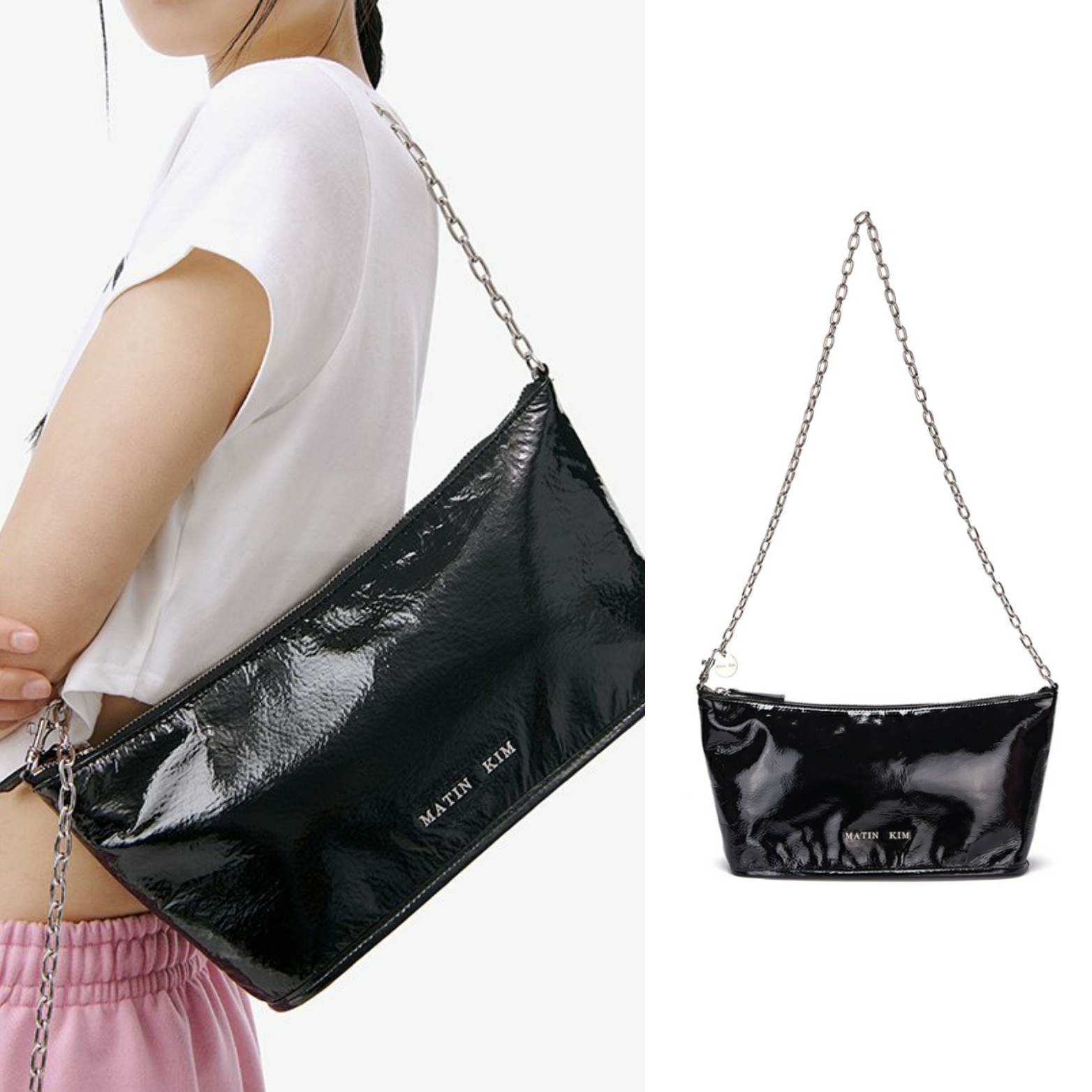 [Matin Kim] GLOSSY CHAIN CANOE BAG IN BLACK