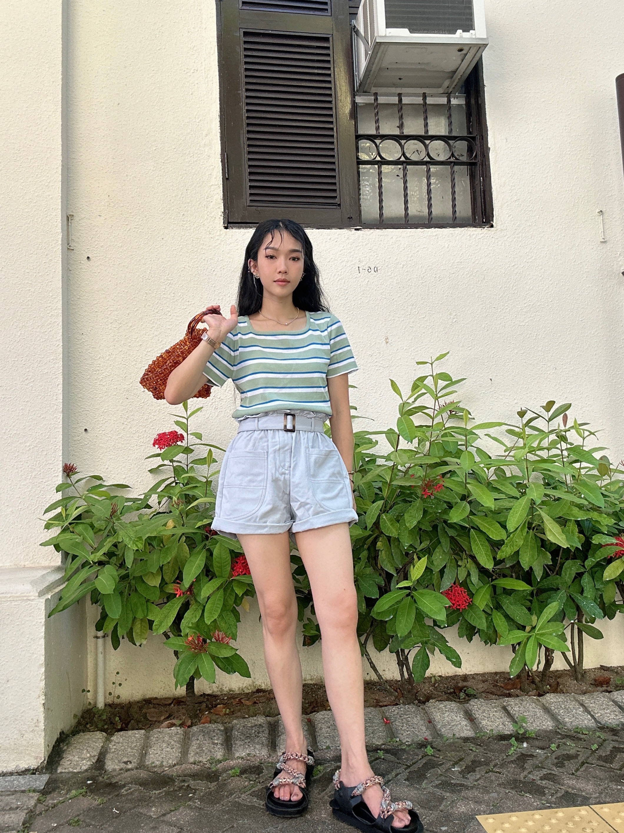 小方領粉綠藍白間針織上衣（現貨款式）