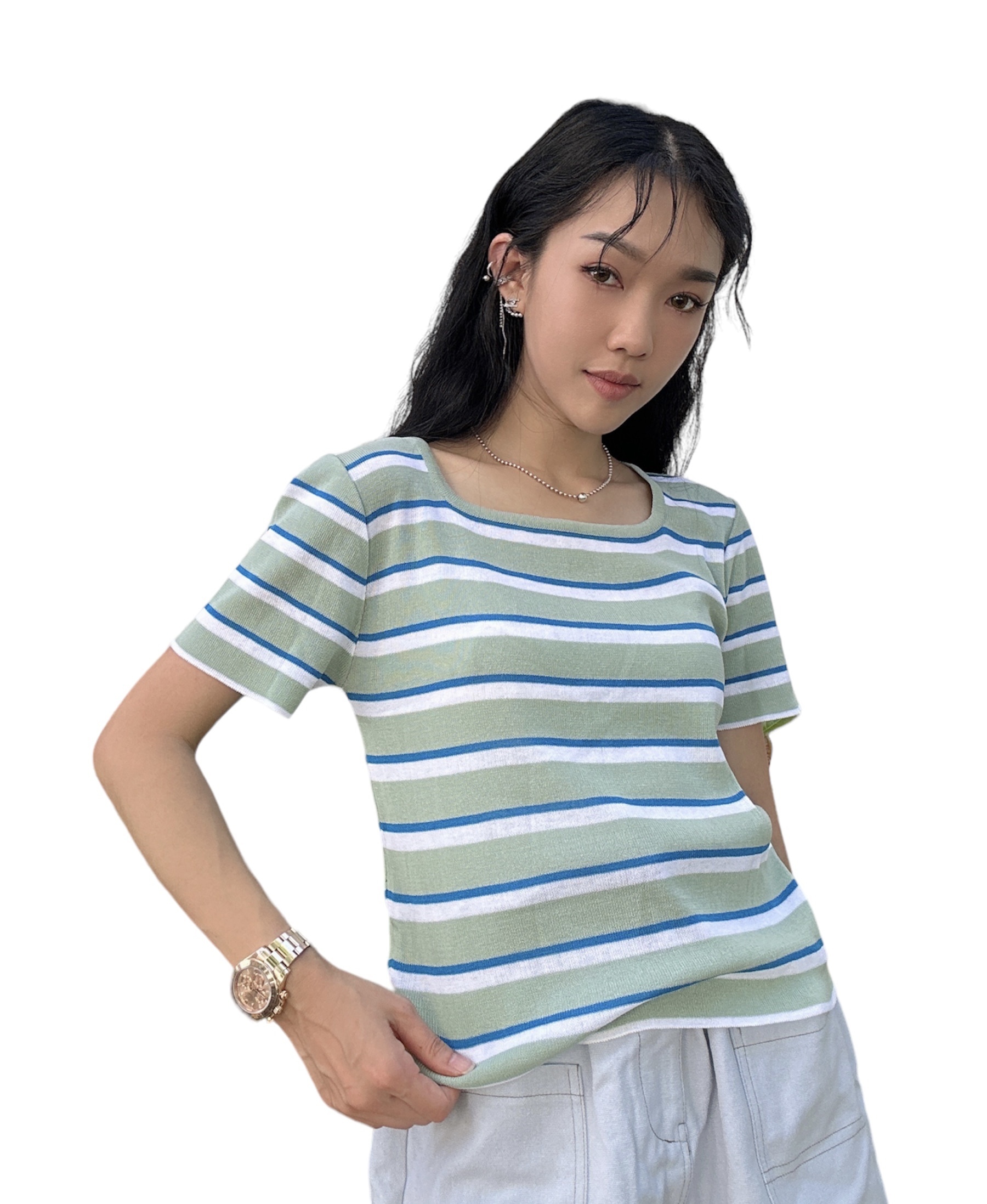 小方領粉綠藍白間針織上衣（現貨款式）