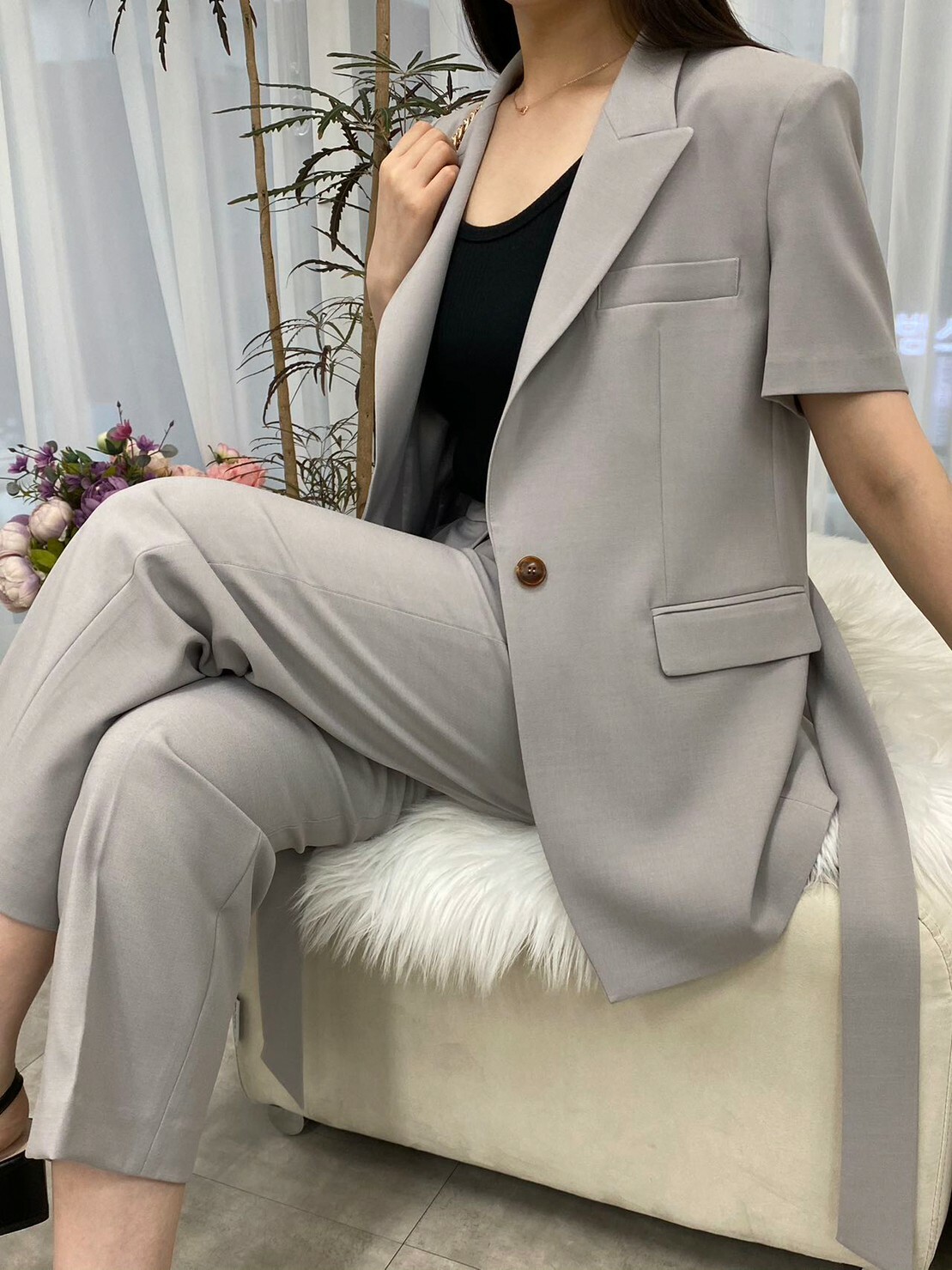 薄款綁帶短袖西装外套