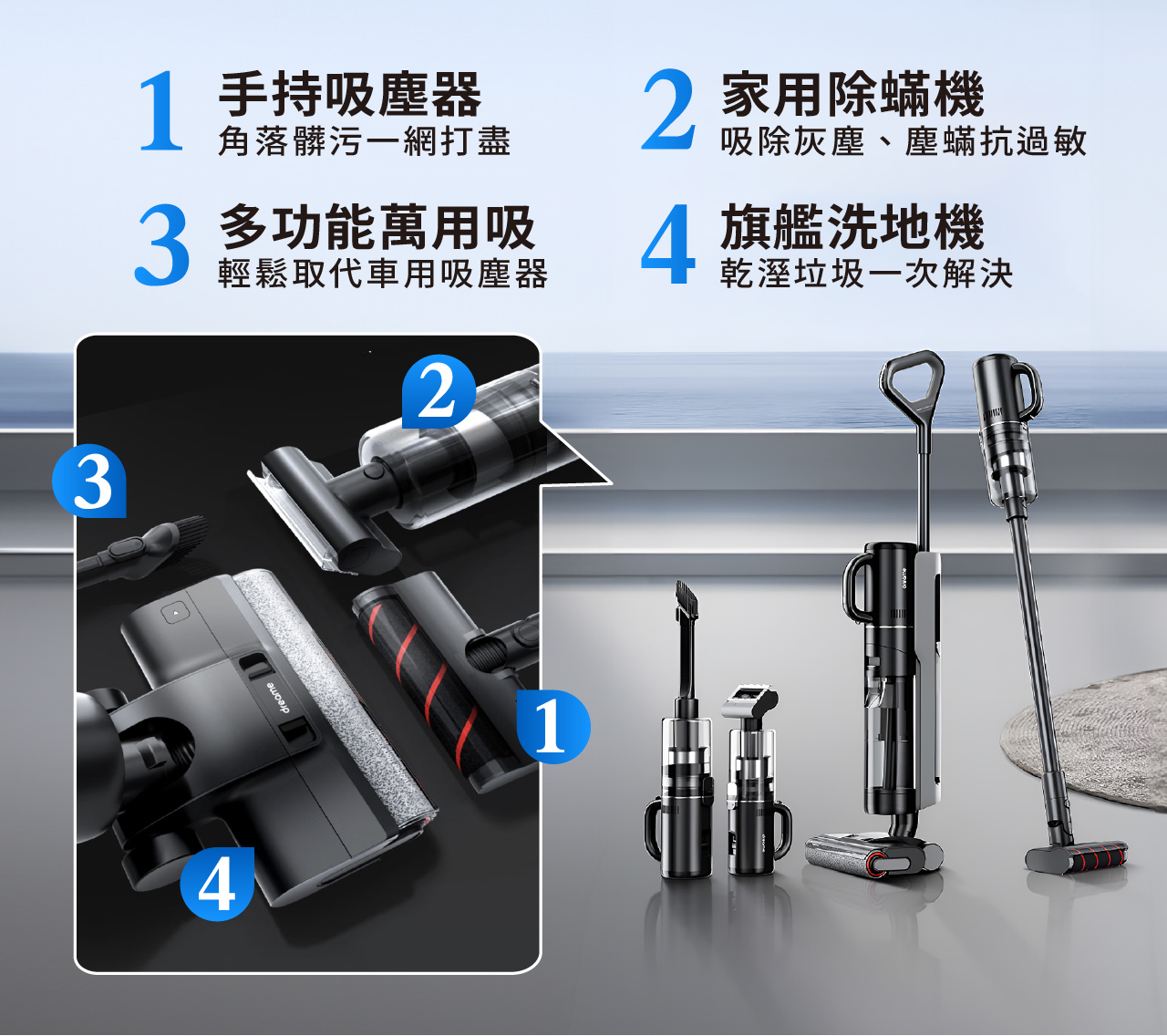 1.手持吸塵器 角落髒污一網打盡 2.家用除蟎機 吸除灰塵、塵蟎抗過敏 3.多功能萬用西 輕鬆取代車用吸塵器 4.旗艦洗地機 乾濕垃圾一次解決