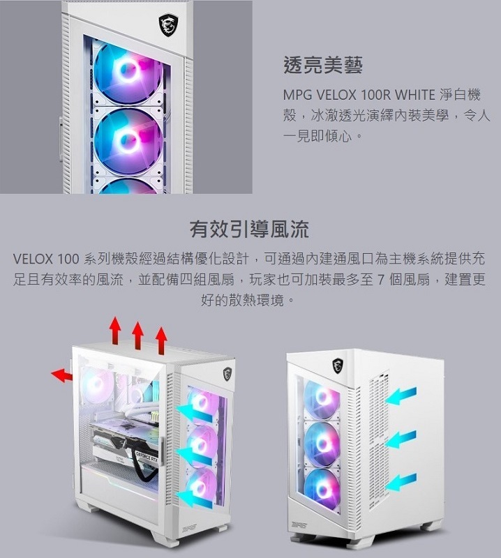 米特3C數位–MSI 微星 MPG VELOX 100R WHITE 玻璃透側 ATX電腦機殼/白