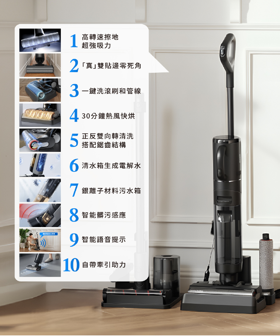 H12 Dual 10大功能：1.高轉速擦地 超強吸力 2.雙貼邊零死角 3.一鍵洗滾刷和管線 4.30分鐘熱風快烘 5.正反雙向轉清洗 搭配鋸齒結構 6.清水箱生成電解水 7.銀離子材料污水箱 8.智能髒污感應 9.智能語音提示 10.自帶牽引助力